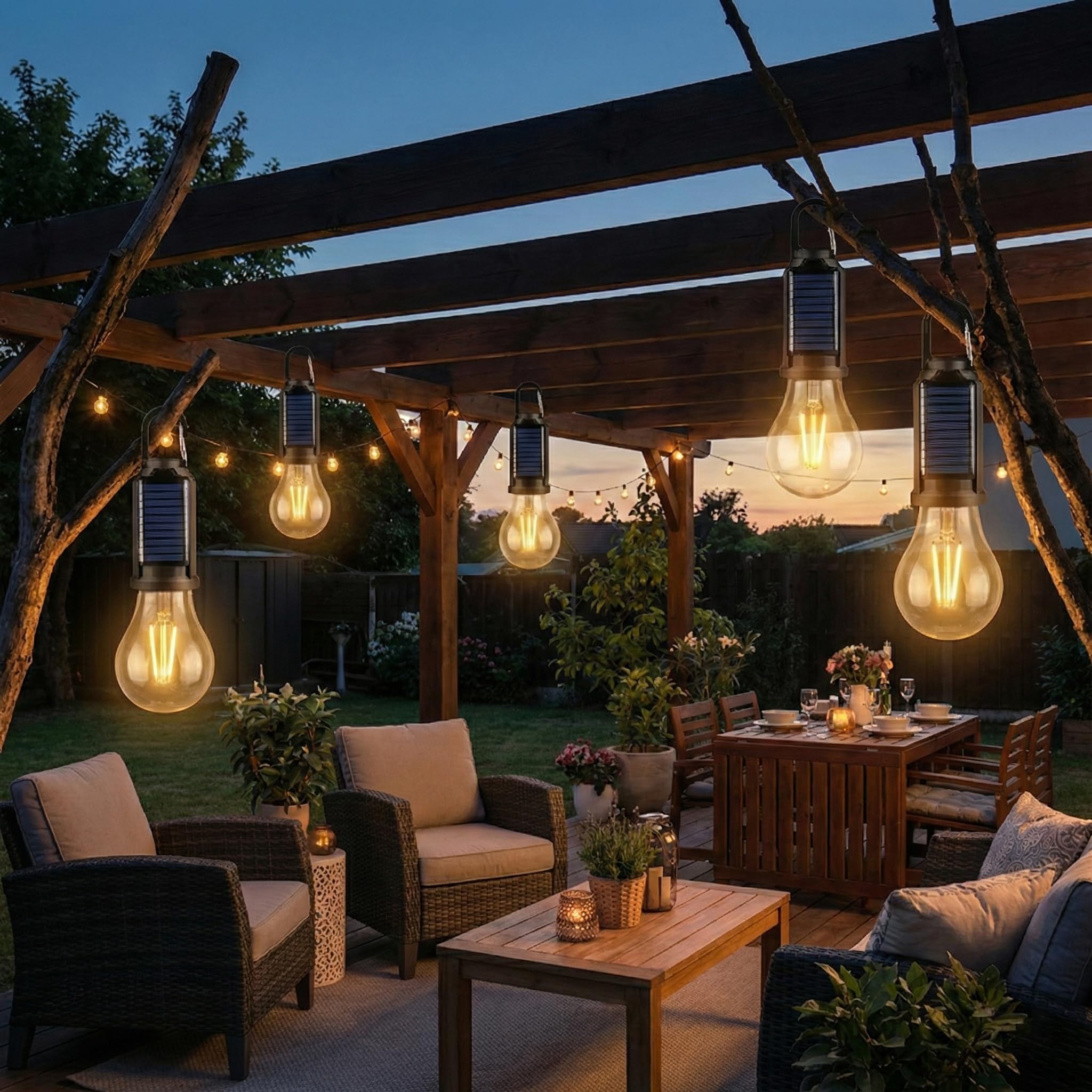 Lot de 4 lampes solaires LED de camping, lanternes de tente d'extérieur rechargeables avec crochet à clip, lumière d'urgence pour camping, randonnée, maison, pannes de courant, pêche et cadeaux