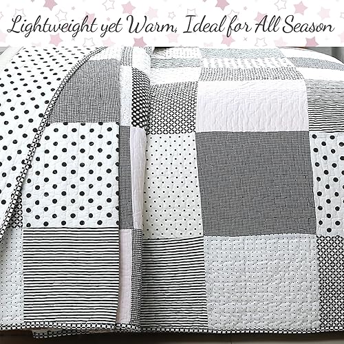 Miniatura 7 de Cozy Line Home Fashions - Juego de ropa de cama reversible de lunares y rayas en negro, blanco y rosa, con estrellas, de 100% algodón, colcha para