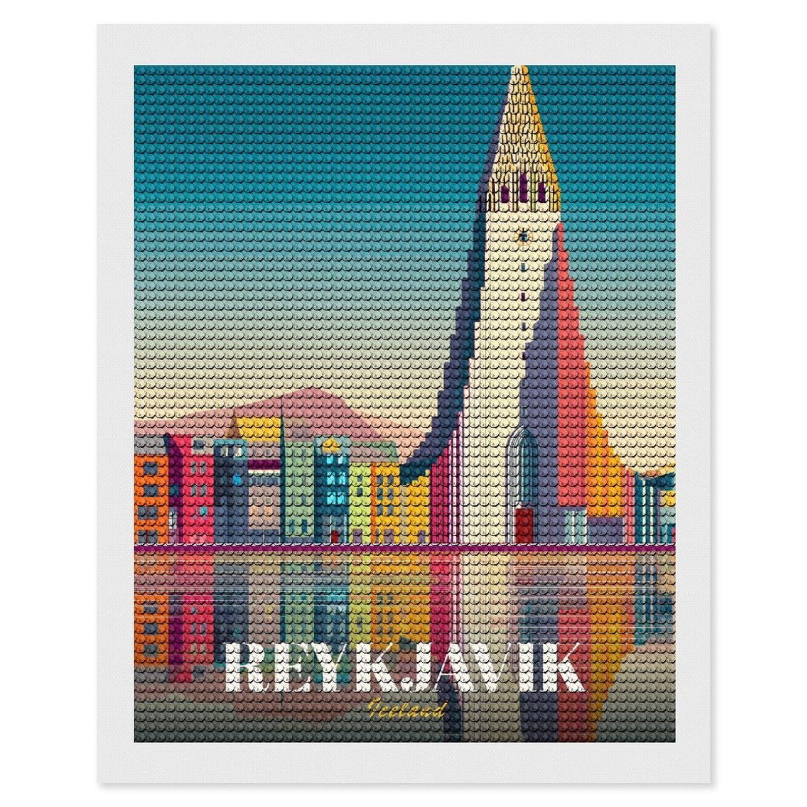 Junmoney Reykjavik Cityscape with Hallgrímskirkja Diamond Art Kit 16"x20", Bedroom Decor, Adhesive Canvas, Full Kit Included, Thoughtful Present, Birthday Gift