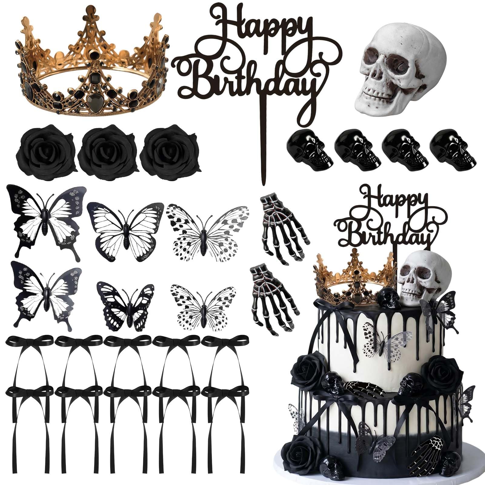 Gothic Cake Decorations 28PCS Gothic Rose Skull Cake Topper,Death &Black
