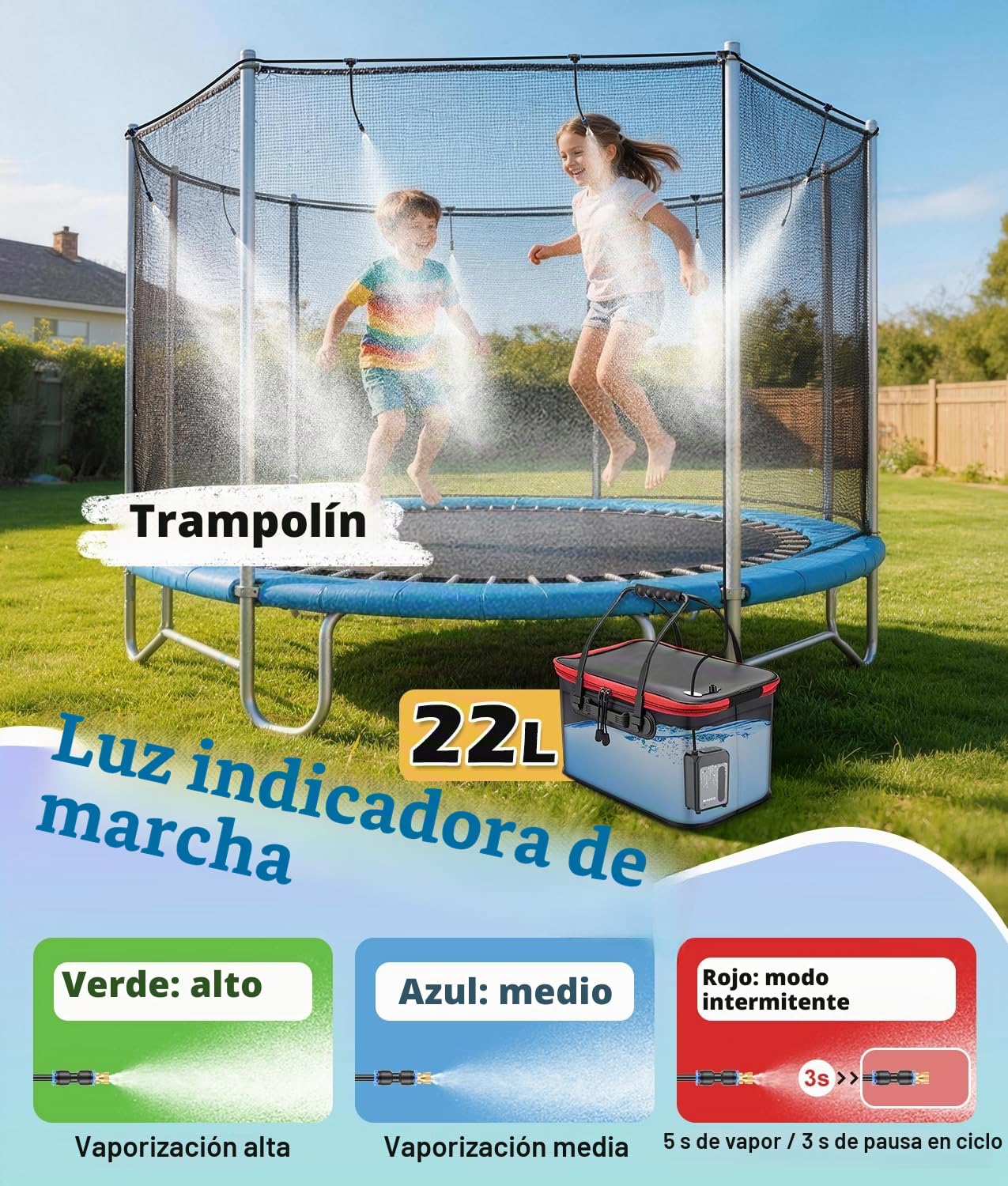 WADEO Sistema de refrigeración por nebulización con bomba de 6000 mAh, cubo de agua de 22 litros, manguera de 8 m, 8 boquillas de latón y 10 abrazaderas, para terrazas, jardines y céspedes