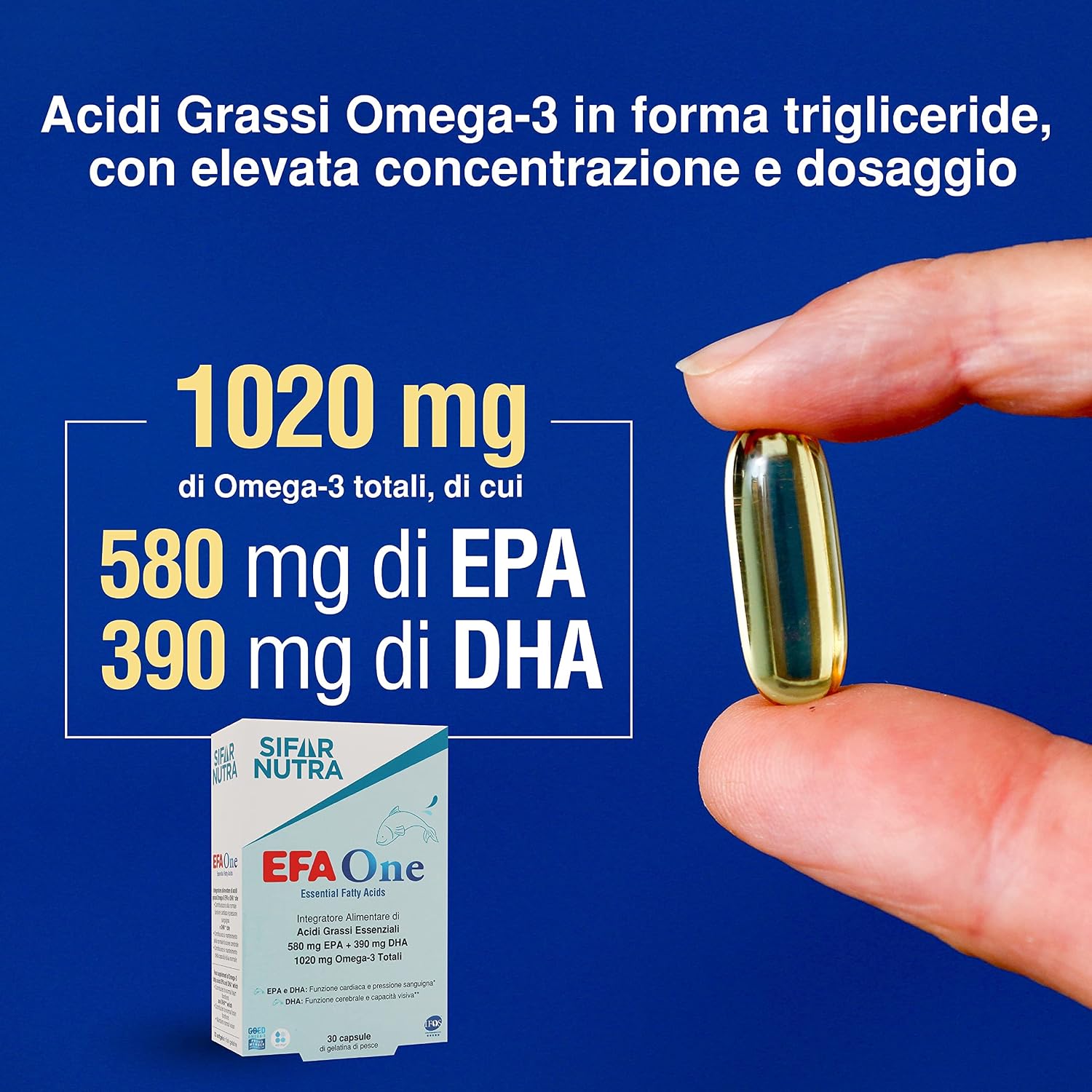 Sifar Nutra EFA One | IFOS certificato 5 stelle | Olio di pesce Omega 3  1020 mg | 580 mg EPA +390 mg DHA | funzione cardiaca | integratore memoria  | forma trigliceride | 30 capsule : Amazon.it: Salute e cura della persona