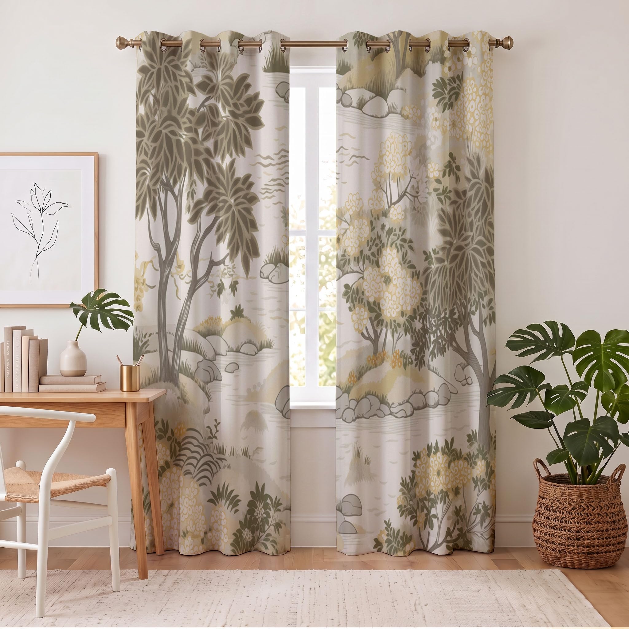 Rideau Occultants Paysage De Jardin Japonais Beige 140X160 Cm (Lxh) | Rideau Opaque Thermiques Plantes Élégantes Rivières Pour Chambre D'Enfant, Lot De 2 Draperies Intérieurs À Oeillets