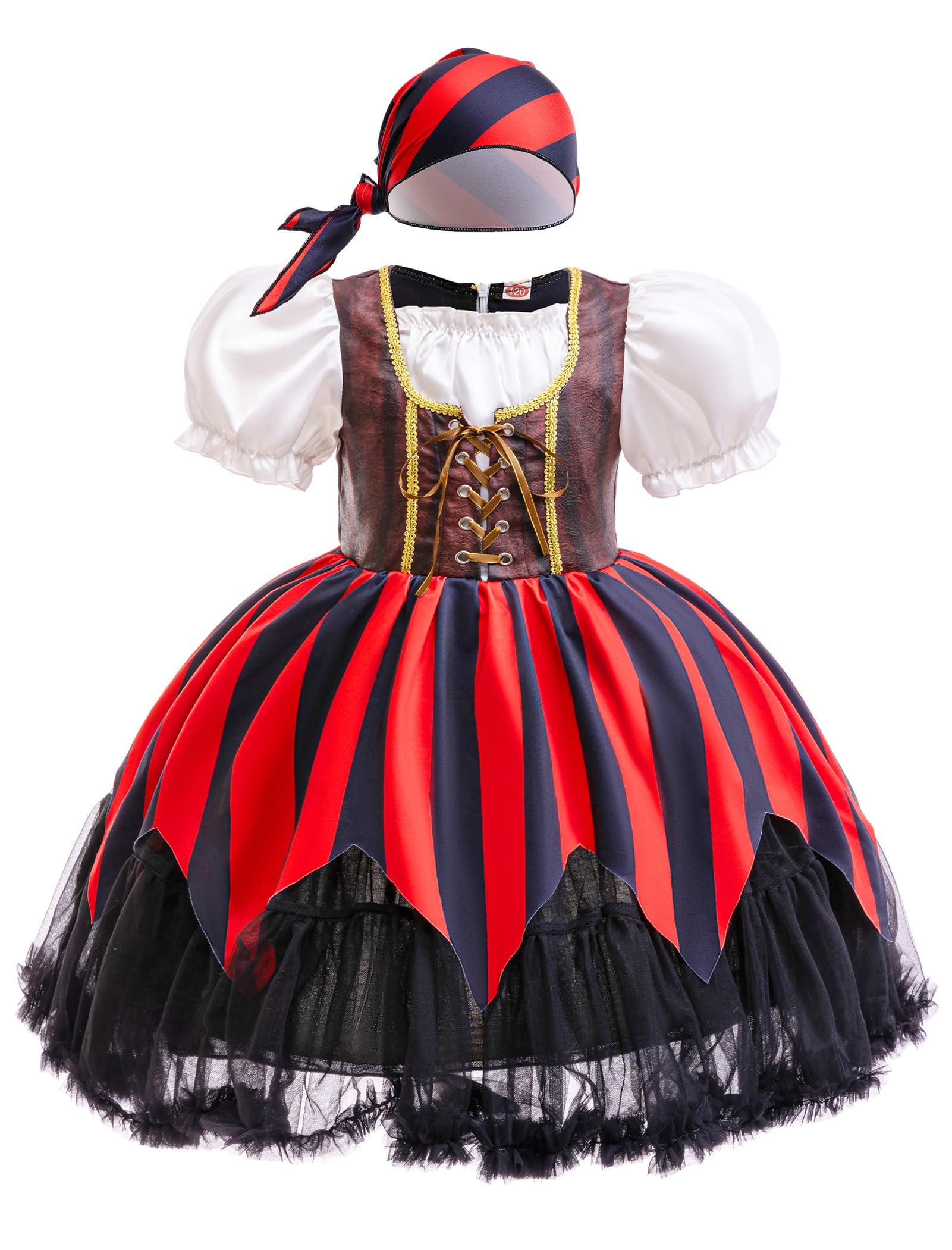 AGYMNX Girls Pirate Costume with Headband Short Bubble Sleeves A-Line Fluffy Dress for 3-9Y Girls Pirate Theme Party Dress up Black-Red 100cm
