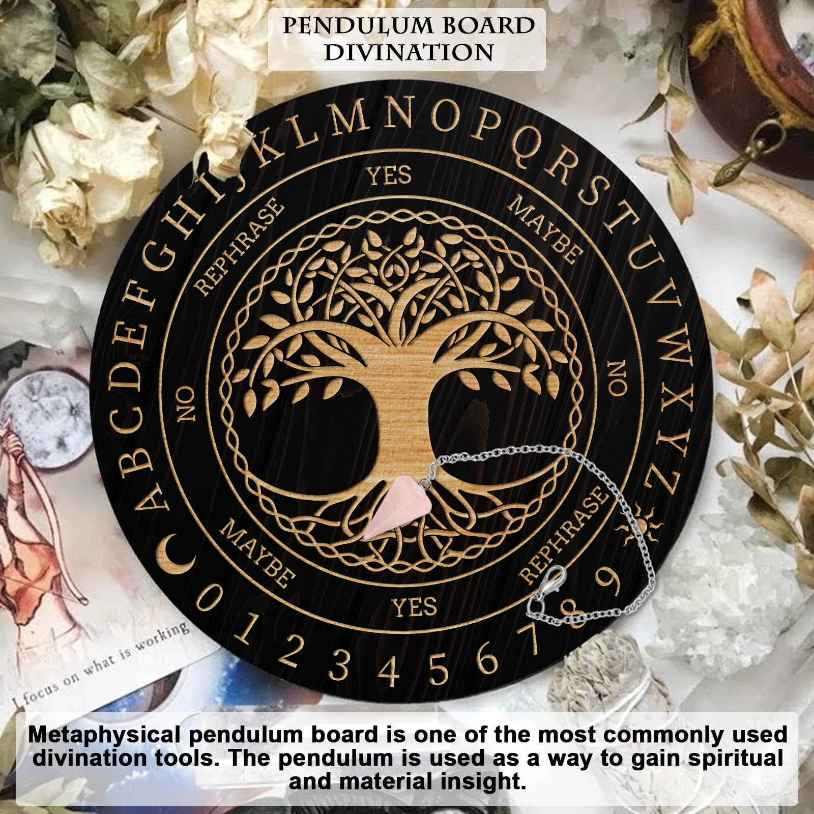 AHANDMAKER Set di Tavole a Pendolo Tavola di Divinazione di Radiestesia Tavola di Messaggio Metafisica con Collana a Pendolo in Cristallo per Forniture di Altare di Stregoneria, Albero della Vita