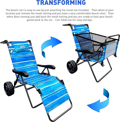 Miniatura 5 de Silla de carrito de playa, 2 en 1, gira de carrito de playa a silla de playa, ruedas grandes, fácil de usar, gran capacidad, color azul a rayas