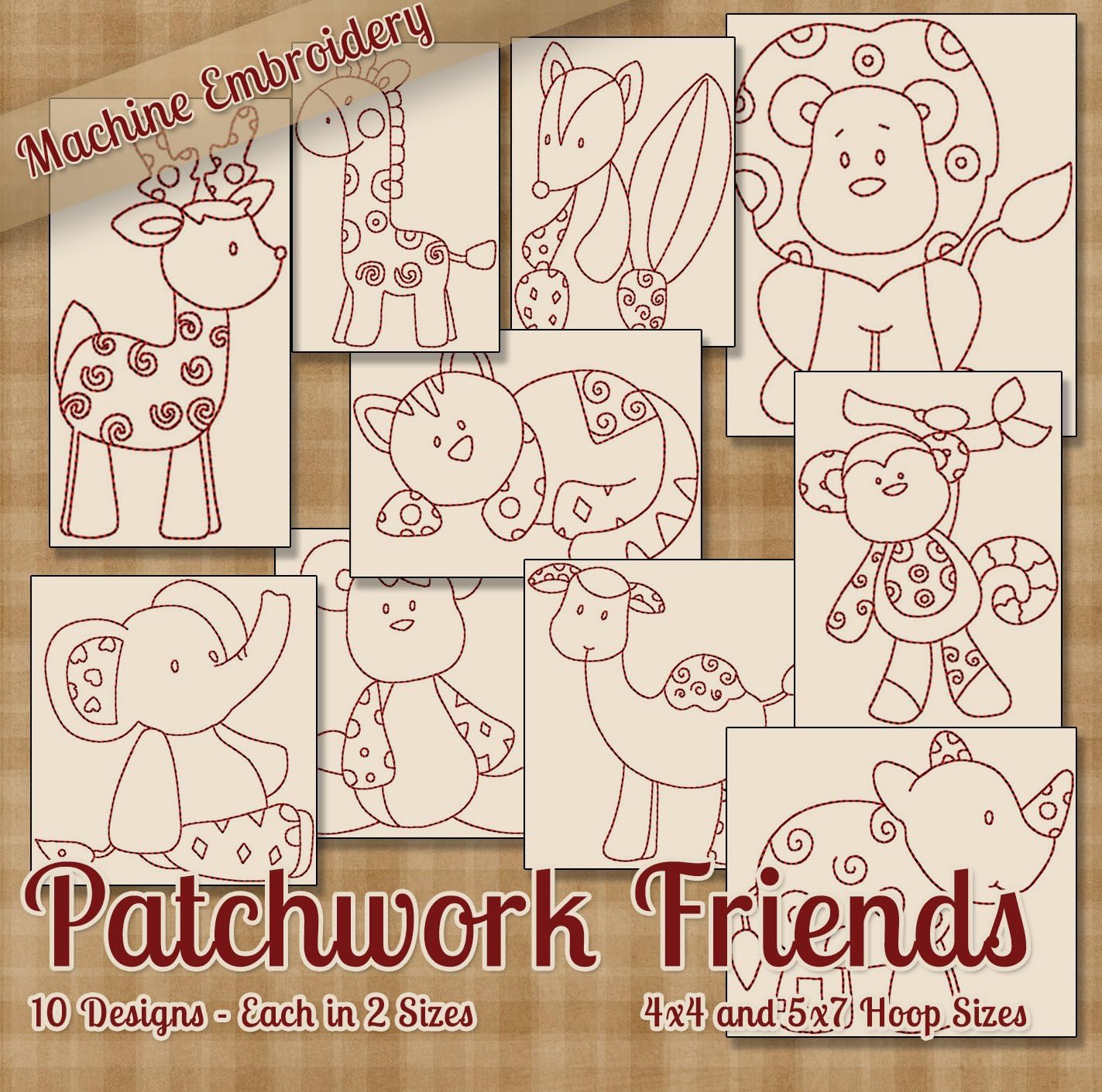 Patchwork Zoo Friends Redwork Embroidery Machine Designs on CD - 10 Cute Whimsical Patterns - 2 Sizes Each - PES JEF EXP XXX VIP HUS DST