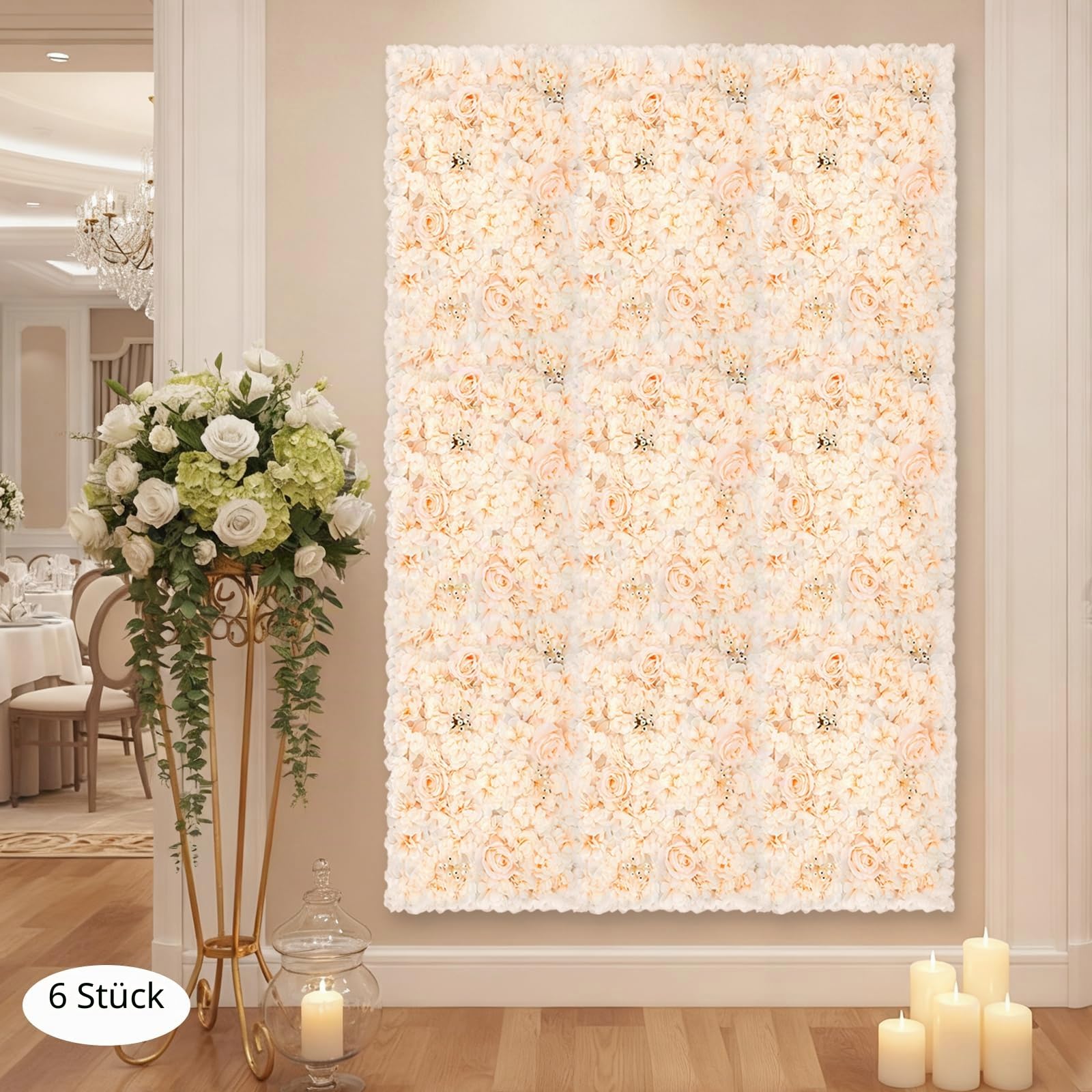 6 Stück Blumenwandpaneel Künstliche Blumenwand Rosenwand Hochzeit Straße Hintergrund Dekor 40x60cm Weiß Blumengestecke Blumenwand