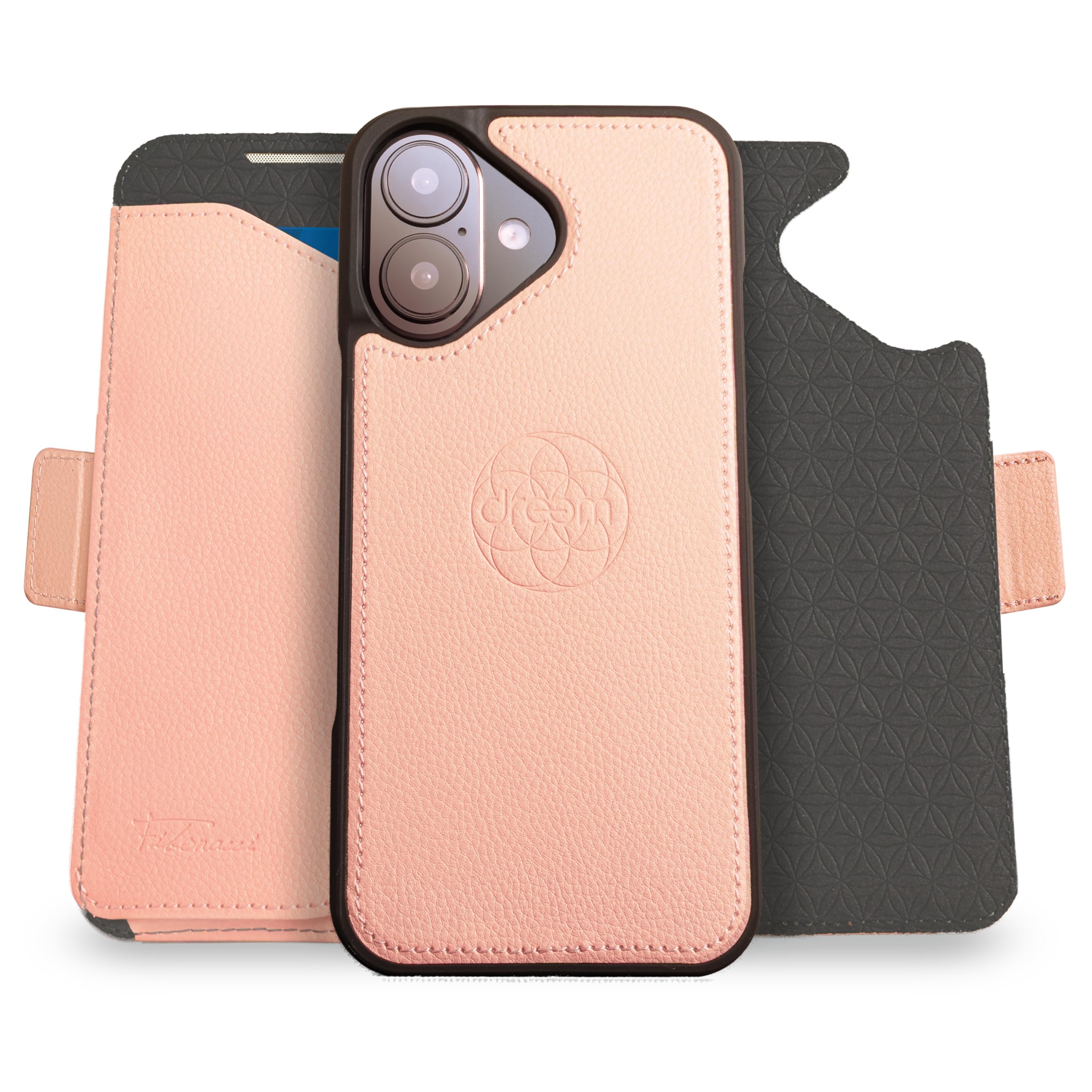 dreem Wallet Case for iPhone 17, Revolutionary Vert/Hor Phone Stand, Magnetic Detachable Vegan Leather Flip Cover RFID Blocking Card Holder, MagSafe-Fit, Gift Box [Fibonacci: Powder Pink]