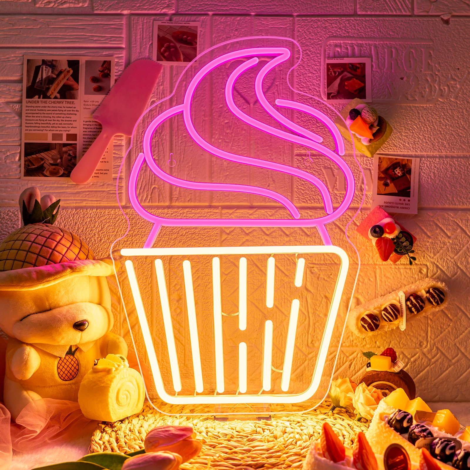 Letrero de neón para magdalenas, luces LED de neón rosa y blanco cálido para decoración de pared, letreros de luz USB para panadería, postres, tiendas, restaurantes, bares, cafeterías