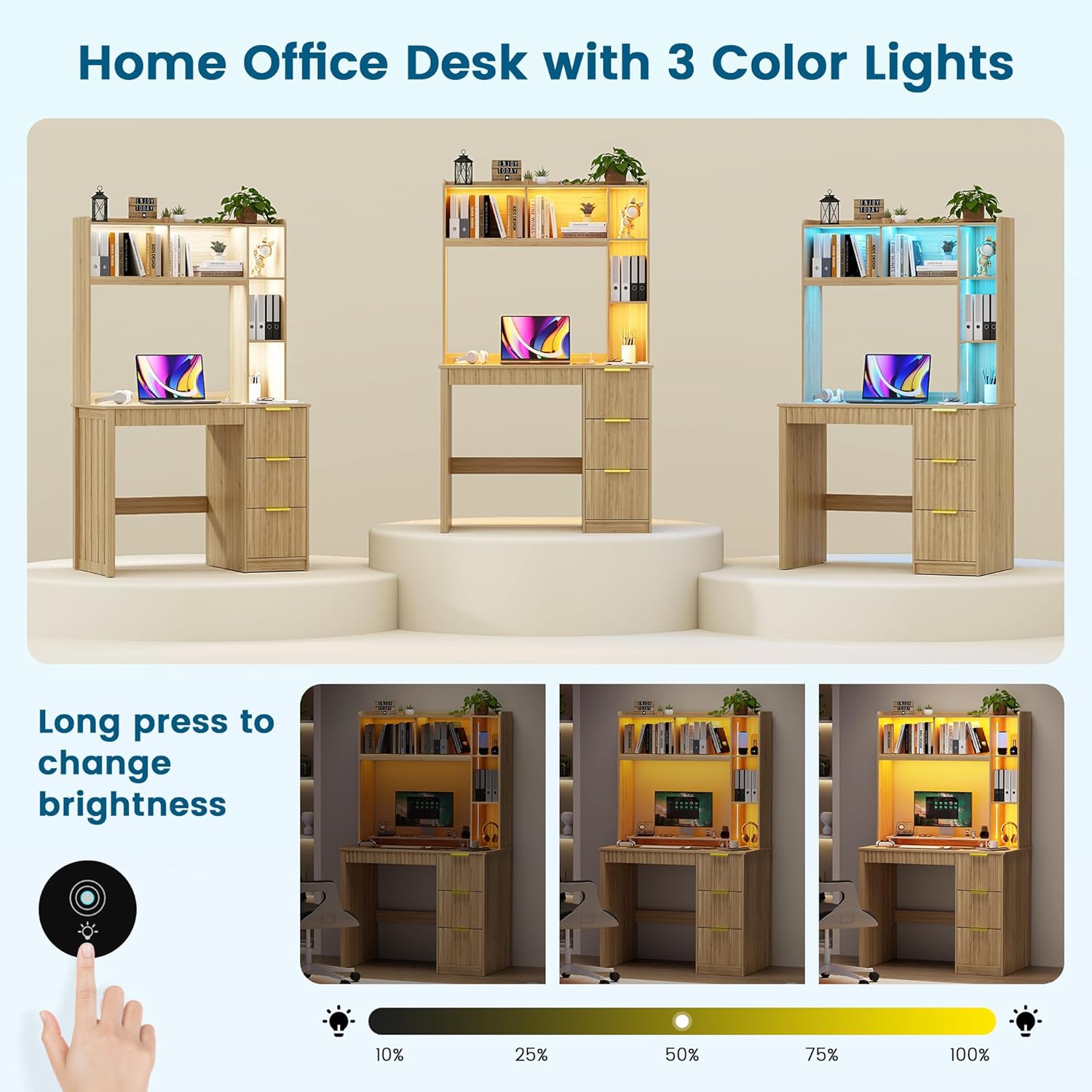 Home Office Desk with Hutch & LED Lights - 39" Computer Desk with Charging Station, 3 Large Drawers, Hidden Compartment & Fluted Panel Design,Natural Writing Desk for Bedroom, Study