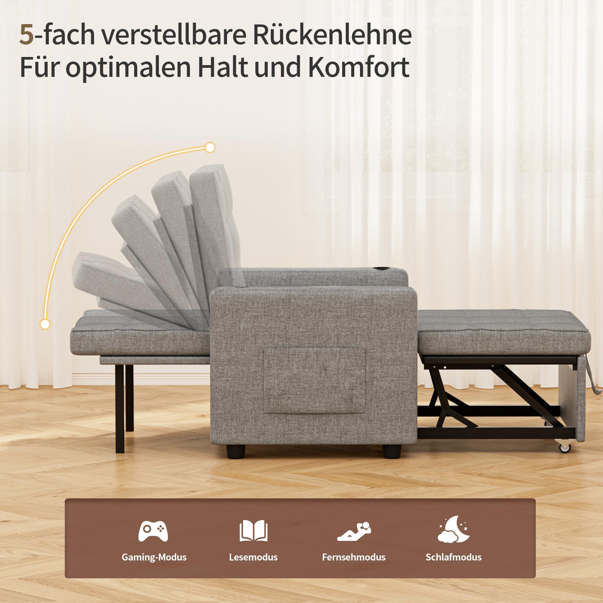 BonVache 3-in-1 Schlafsessel mit Bettfunktion, 5-stufig Verstellbarer Rückenlehne, Schlafsofa mit Kissen und Seitentasche, Schlafcouch mit Getränkehalter und USB- & USB-C-Anschluss, Dunkelgrau