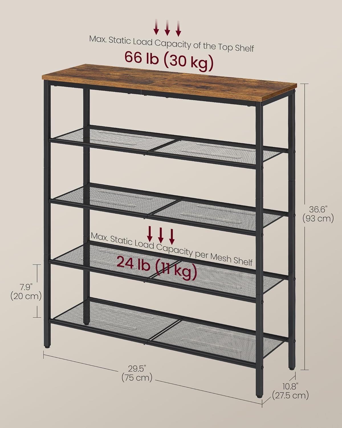 VASAGLE 5-Tier Shoe Rack, Large Shoe Storage Organizer for Closet, Entryway, 18-24 Pairs, with 4 Metal Mesh Shelves, 10.8 x 29.5 x 36.6 Inches, Rustic Brown and Black ULBS115KD01