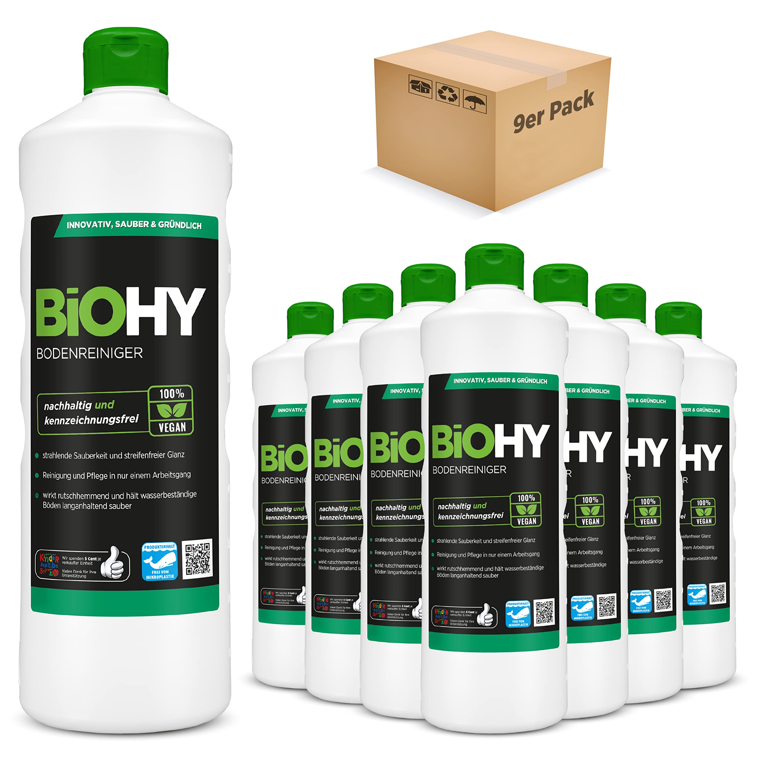 BiOHY Limpiador de suelo (9 botellas de 1 litro) | Concentrado para todos los aparatos de limpieza y todos los suelos duros (Bodenreiniger)