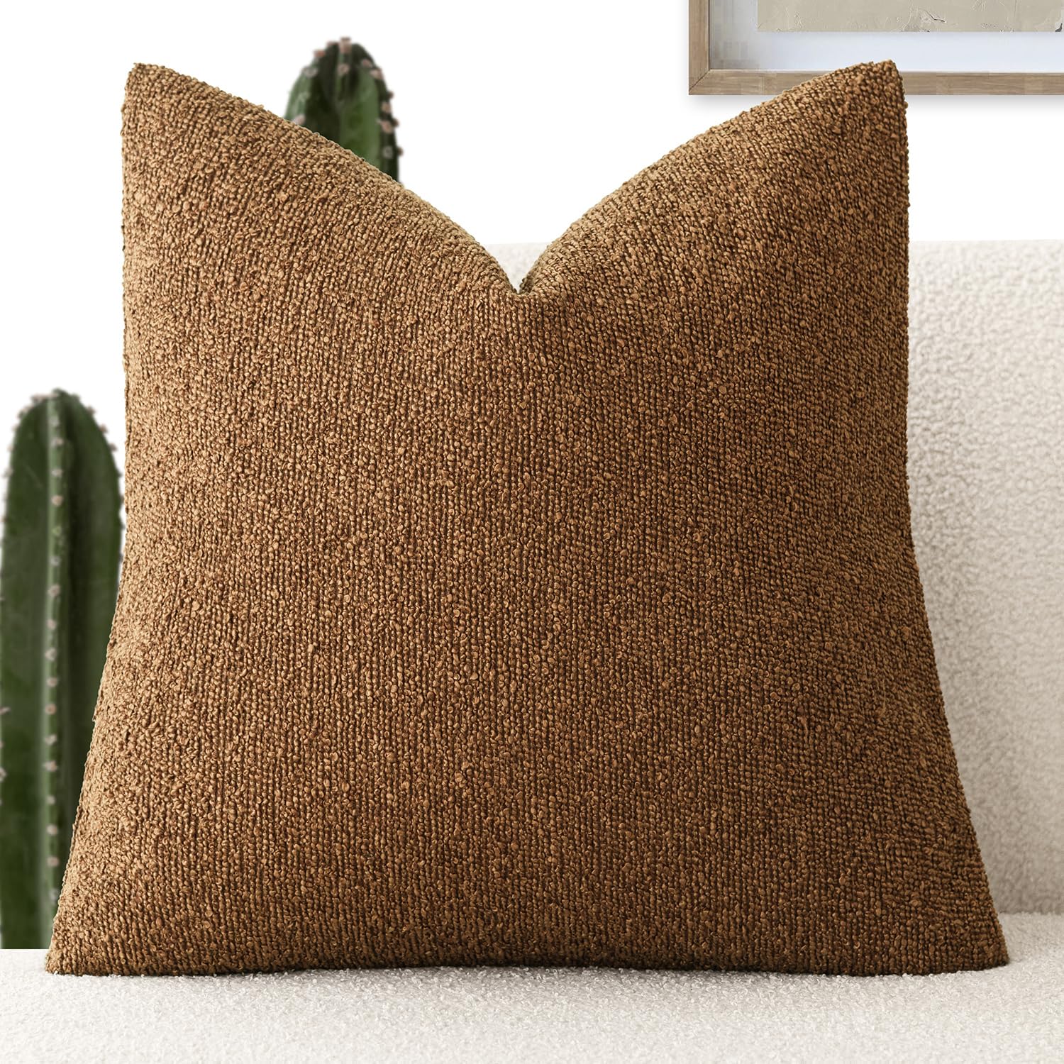 Foindtower Decorative Textured Boucle Throw Pillow Covers Accent Solid Pillow Cases Neutral Soft Cozy Couch Cushion Case for Chair Sofa Bedroom Living Room Home Decor 18x18 Inch,1PC,Hazel Brown — image 1