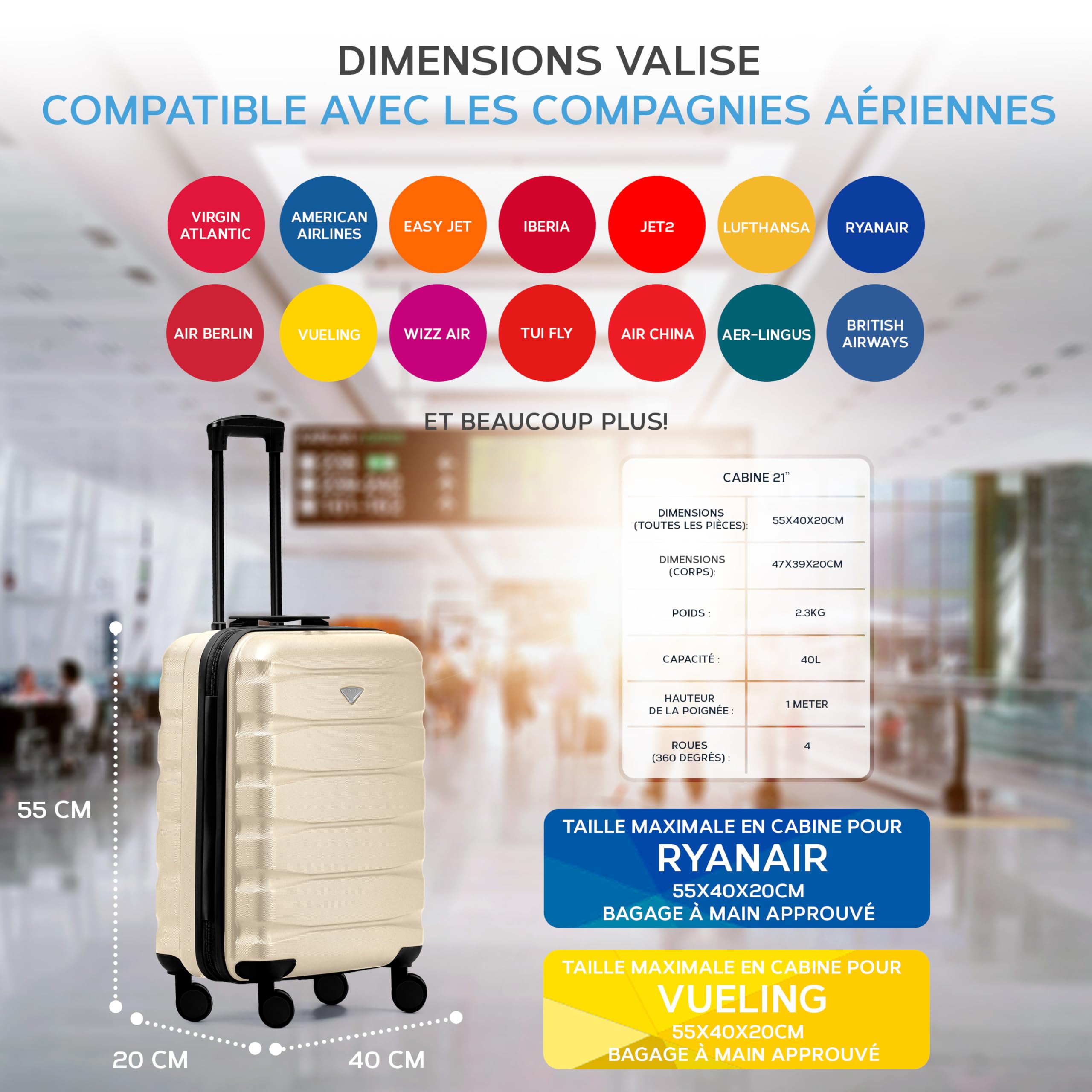 Flight Knight Bagage Cabine Leger a 4 Roues en ABS Approuve par Plus De 60 Compagnies Aeriennes, Dont Jet2, easyJet et Ryanair (Priority) 55x40x20cm - 3