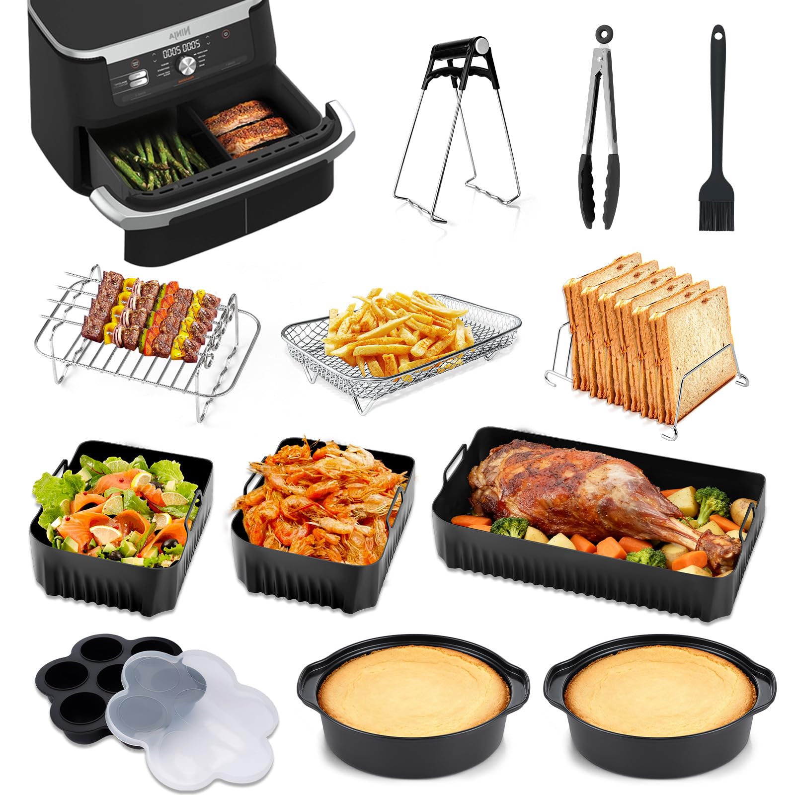 Hunnycook 17PCS Air Fryer Accessories Set for Ninja AF500UK/AF500UKCP, 1×10.4L+2×5.2L Air Fryer Liners Silicone, Cake Pans, Toast Rack, Fryer Basket, Tong & More, Reusable Kits for Ninja Flex Drawer