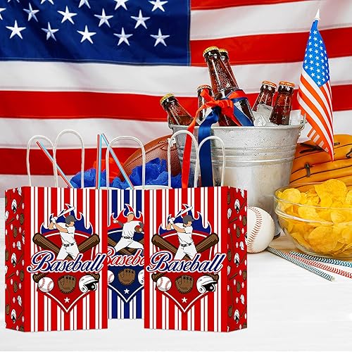 Miniatura 5 de Paquete de 12 bolsas de regalo para fiesta de béisbol, para regalos de béisbol, bolsas con mango, para fiestas con temática de béisbol, cumpleaños,
