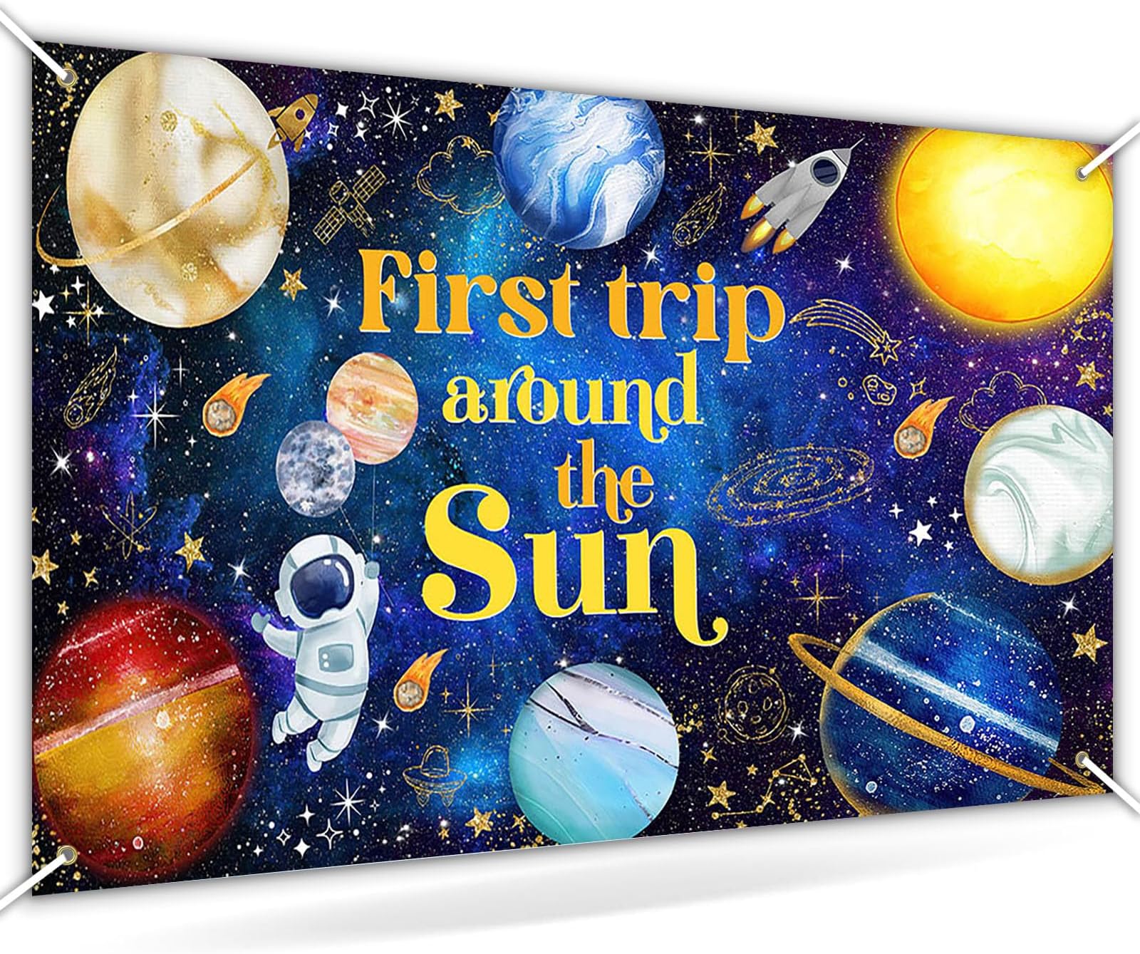 Space Theme 1st Birthday Party Photo Backdrop - 5ft X 3ft 'First Trip Around The Sun' Background