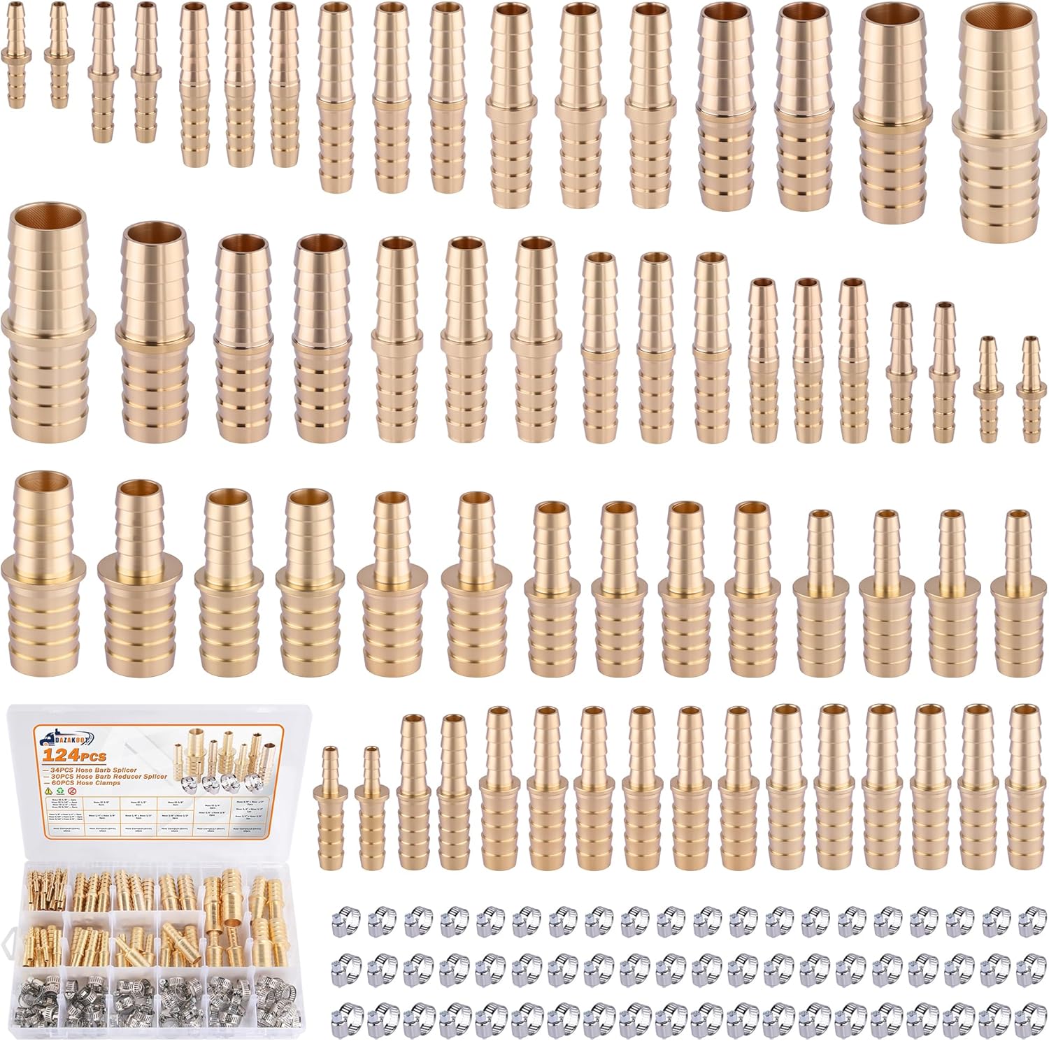 124PCS Splicer Hose Barb Assortment, 1/8” 3/16" 1/4" 5/16" 3/8" 1/2" 5/8" 3/4” Hose Barb Union & Reducer Hose Barb Union with 60PCS Hose Clamps for Air/Fuel/Water/Oil Hose