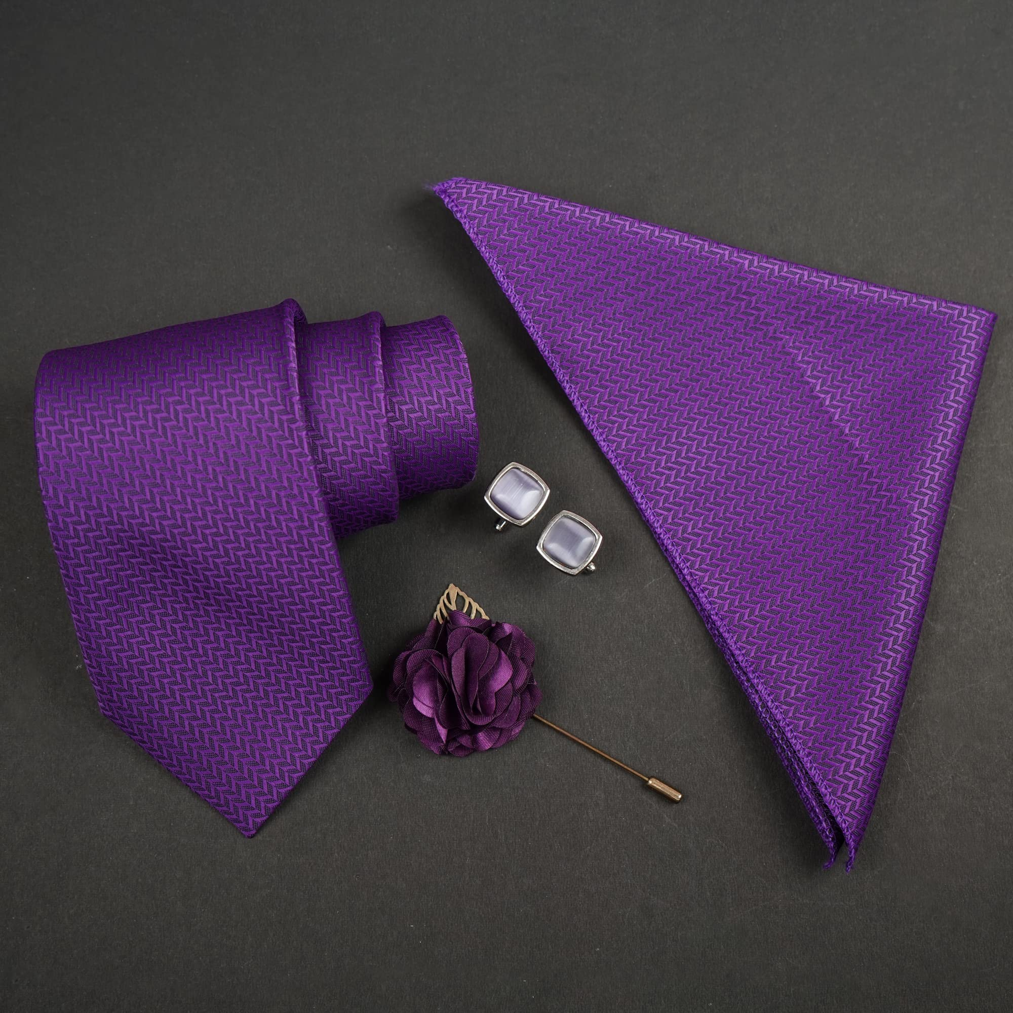 RIZORO Tie for Men – Self Silk Neck Ties Set with Cufflinks Flower Pin, Pocket Square & Black Gift Box, Combo Necktie Sets for Office Wear, Formal Suits & Weddings (Purple, SIDIPLRX) 4