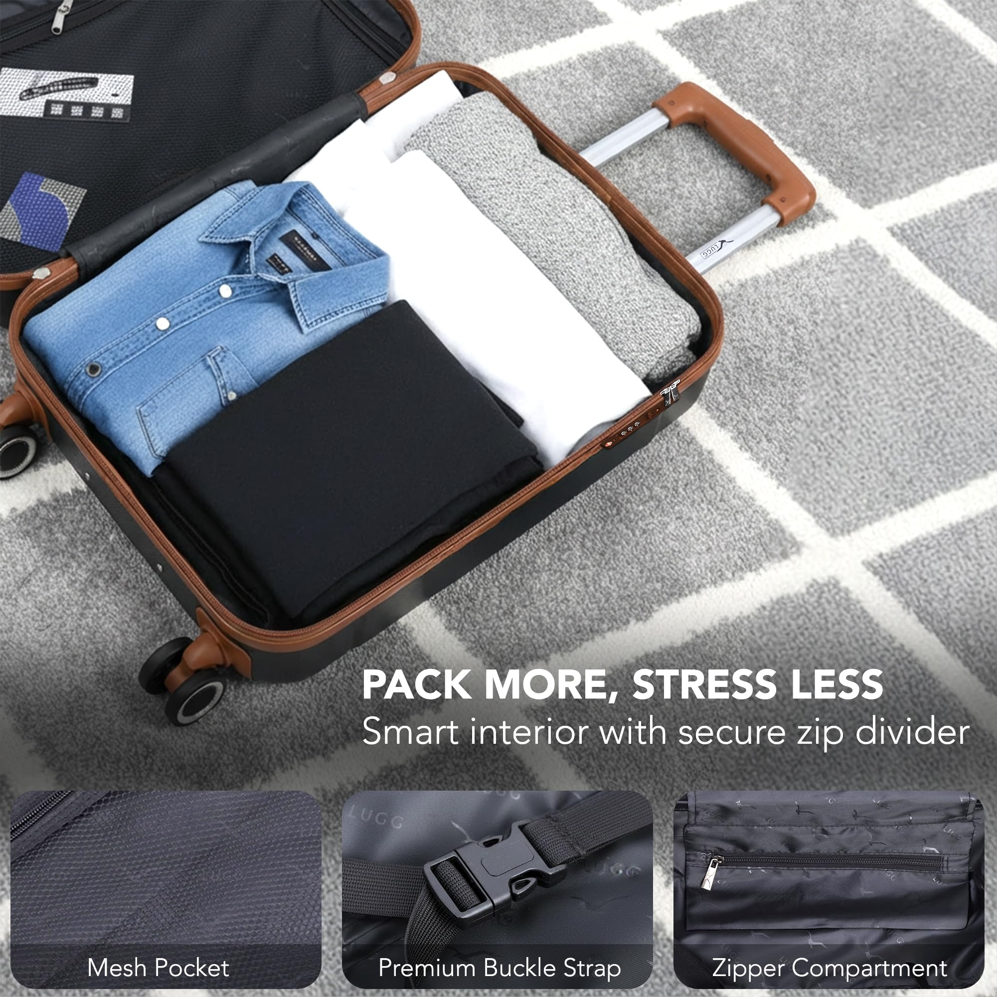 LUGG - Jetset 40cm Suitcase - 40x30x20cm- Ryanair Compatible - Underseat Size - Hard Shell ABS - Spinner & Removable Wheels - Lightweight Travel Luggage- Cream/Brown — view 187