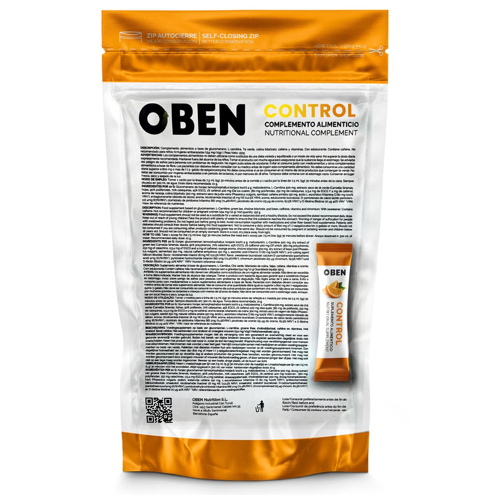 OBEN Nutrition Control Sticks, Suplemento Natural para Control del Apetito, con Fibra de Konjac, L-Carnitina, Extracto de Té Verde, Cromo, para Gestión del Peso y Metabolismo