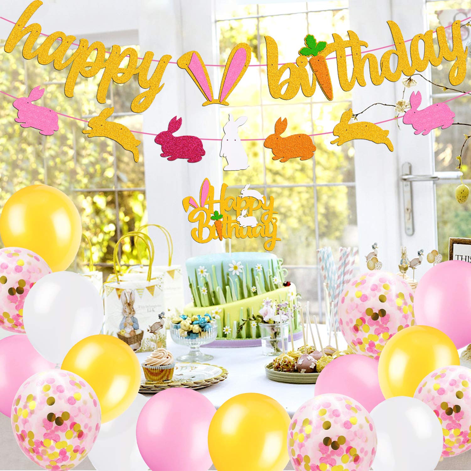 Bunny Birthday Decorations Easter Bday Kit Rabbit Theme Happy Birthday Banner Cake Topper Pink Gold White Latex Balloons for Children Girl 1st 2nd Bday Happy Easter Festival Spring Party Supplies
