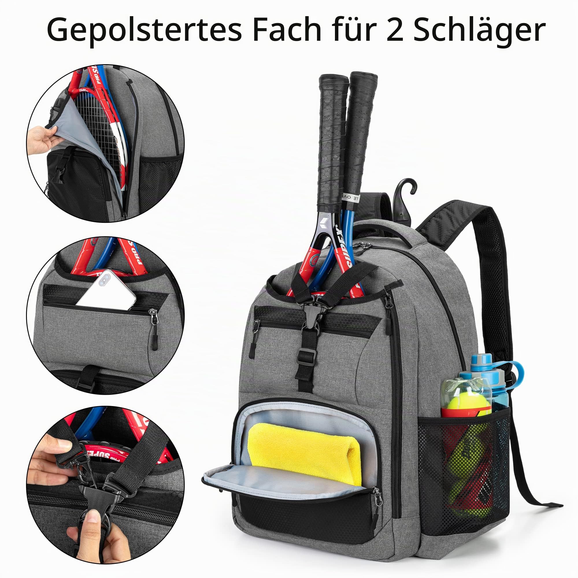 DSLEAF Tennistasche für 2 Schläger, Tennisrucksack mit separatem Schuhfach für Sporttraining, Fitnessstudio-Rucksack für Tennis/Pickleball/Badminton/Squash-Sportarten