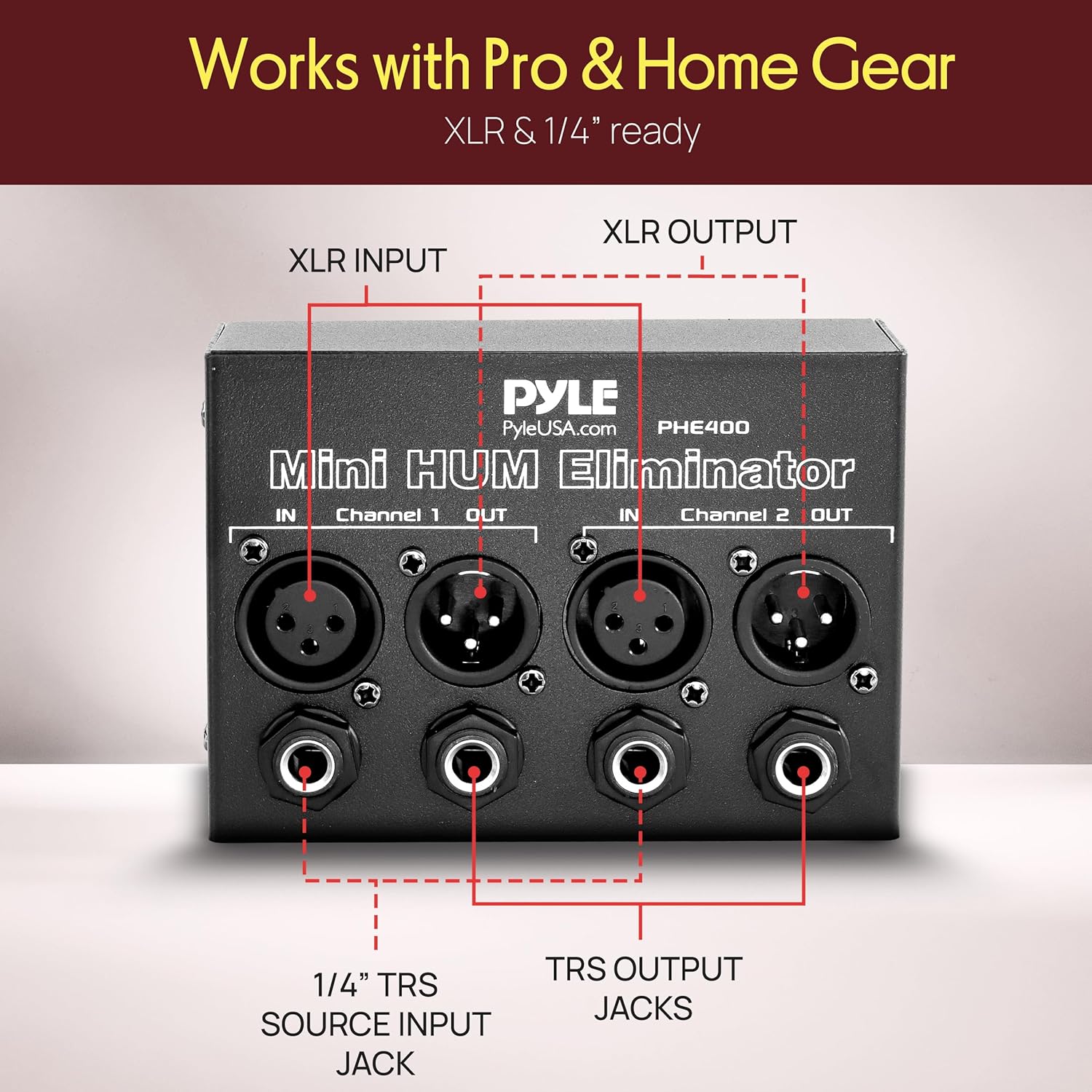 Pyle Compact Mini Hum Eliminator Box - 2 Channel Passive Ground Loop Isolator, Noise Filter,AC Buzz Destroyer, Hum Killer w/ 1/4" TRS Phone,XLR Input/Output, Uses 1:1 Isolation Transformer
