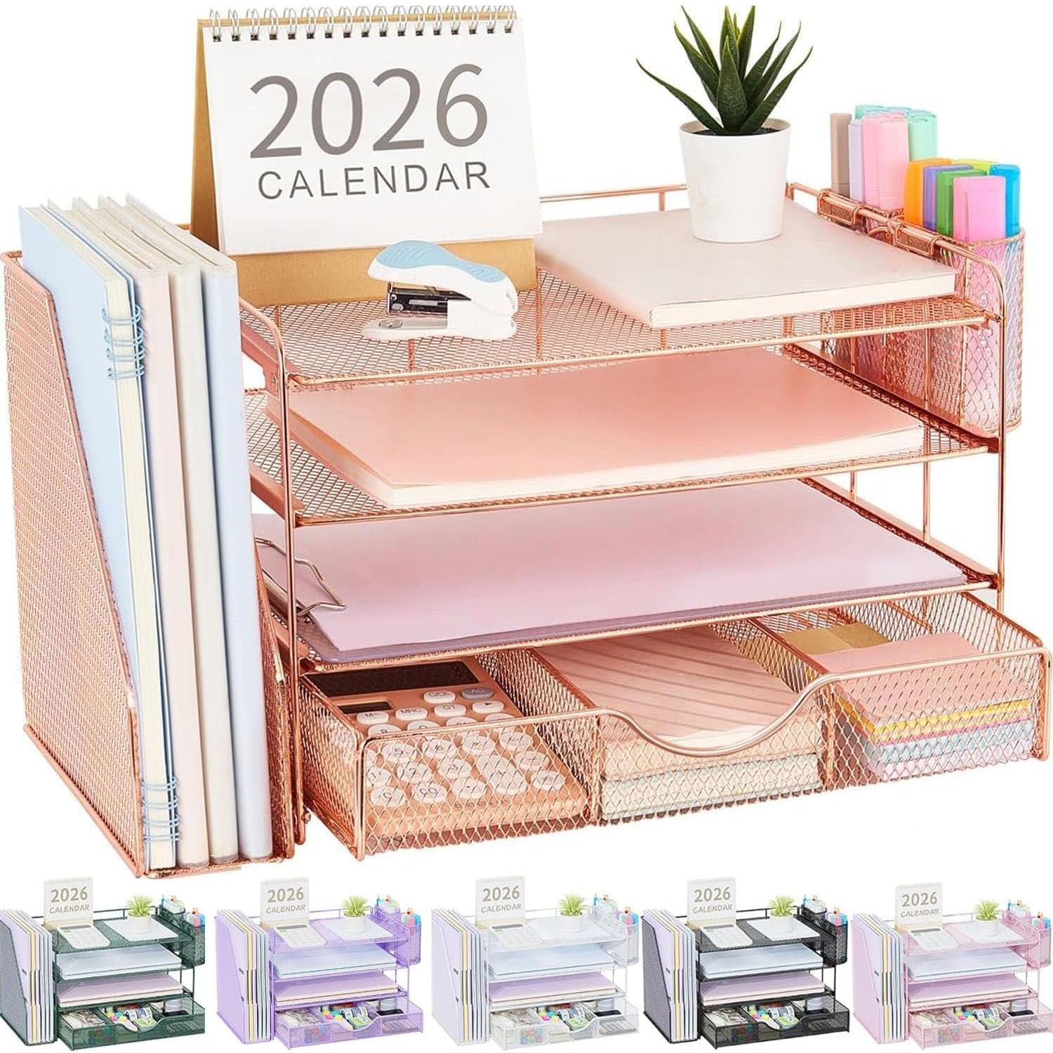 gianotter Bac à courrier avec Porte-fichiers, 4 Niveaux d’Accessoires de Bureau et Espace de Travail avec tiroir et 2 Porte-stylos pour Fournitures de Bureau, Or Rose