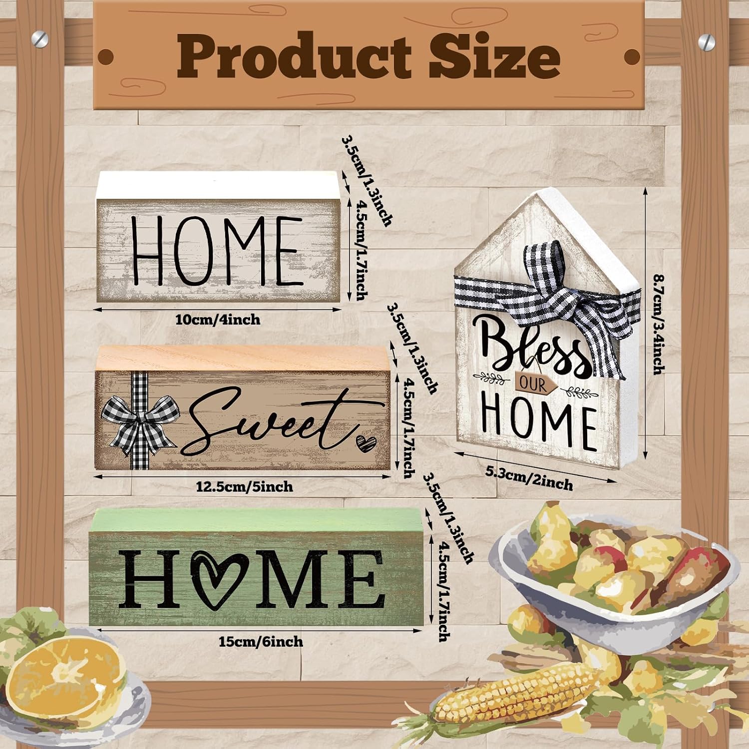 Moucuny 4 Pcs Wooden Farmhouse Table Decor Rustic Home Sweet Home Stacked Blocks Decoration Farmhouse Tiered Tray Decor Decorative Eucalyptus Block Signs Bless Gift for Kitchen Shelf Coffee Table image 5