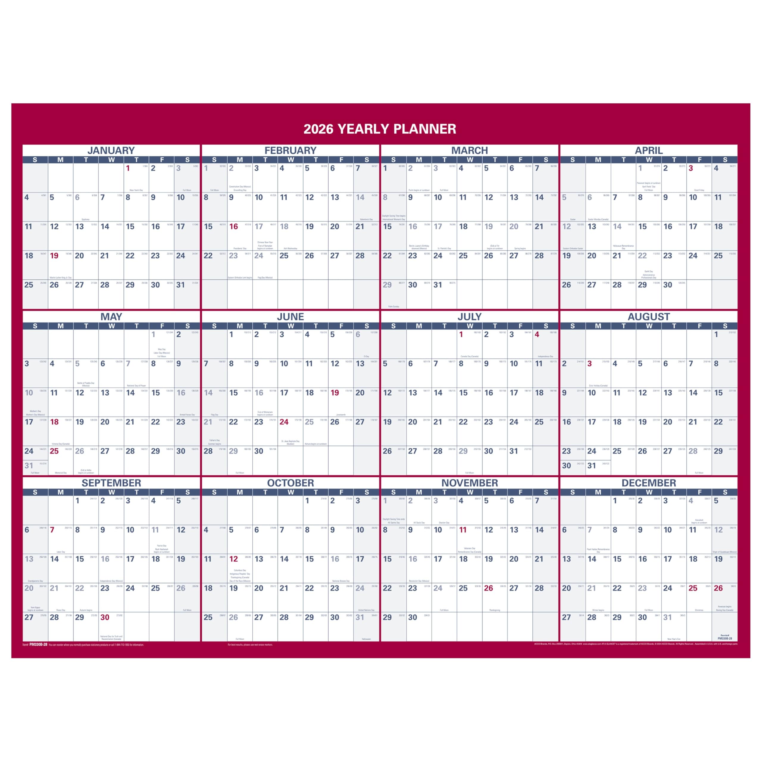 at-a-glance 2026 erasable calendar dry erase wall planner 1234 x 1634 small vertical-horizontal reversible compact pm330b2826