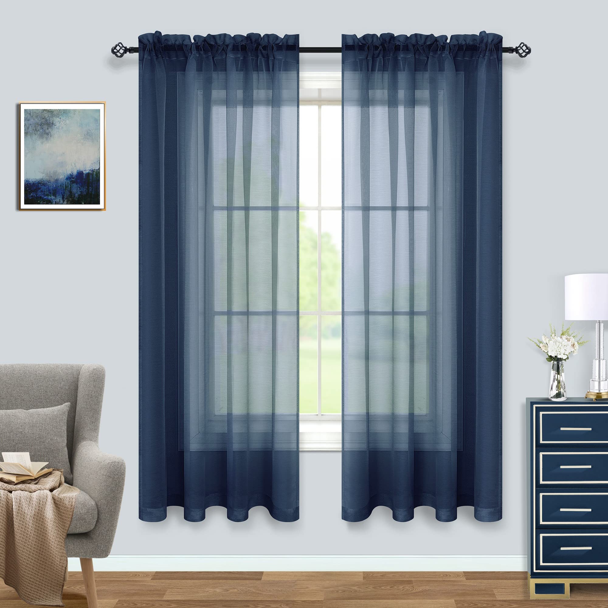 Navy Blue Curtains 63 Inch Length for Boys Bedroom Set of 2 Panels Rod Pocket Window Sheer Dark Blue Gamer Curtains for Kids Room 52x63 Inches Long