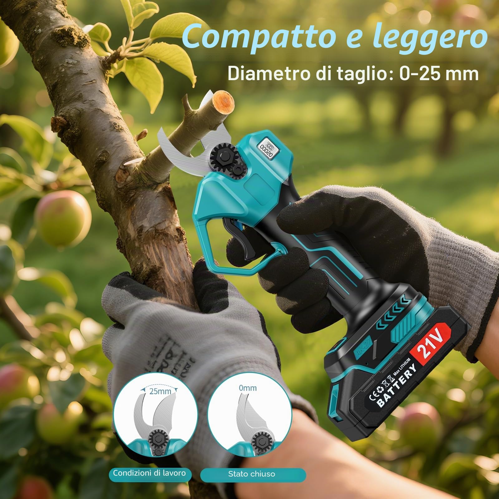 Forbici da Potatura con display LCD, Cesoia da Potatura con Diametro di Taglio 25mm,Forbice Potatura a Batteria 2x 2000mAh,Cesoia da Potatura (Verde (con display)