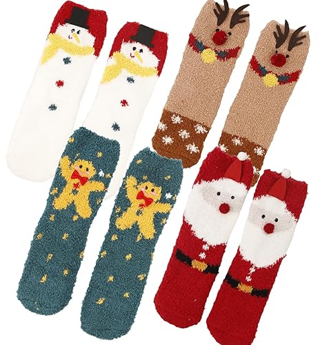 Christmas Socks 4 Pairs Santa Snowman Reindeer Gingebread Winter Fuzzy