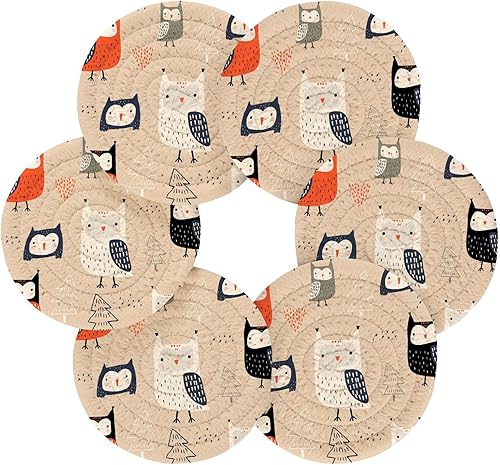 Miniatura 2 de Kawaii Owls Trees Woodland Coasters Set of 6 with Holder Coasters for Drinks Absorbent Cotton Coasters Porta Vasos para Mesas