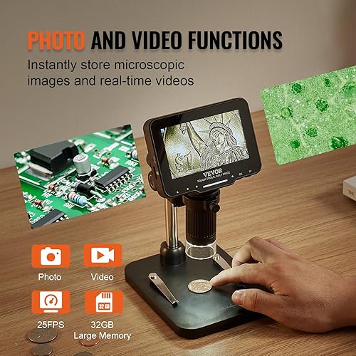 Miniatura 5 de VEVOR Microscopio digital LCD para adultos y niños, pantalla IPS de 4.3 pulgadas, microscopio de monedas 50X  aumento de 1000X con 8 luces LED,