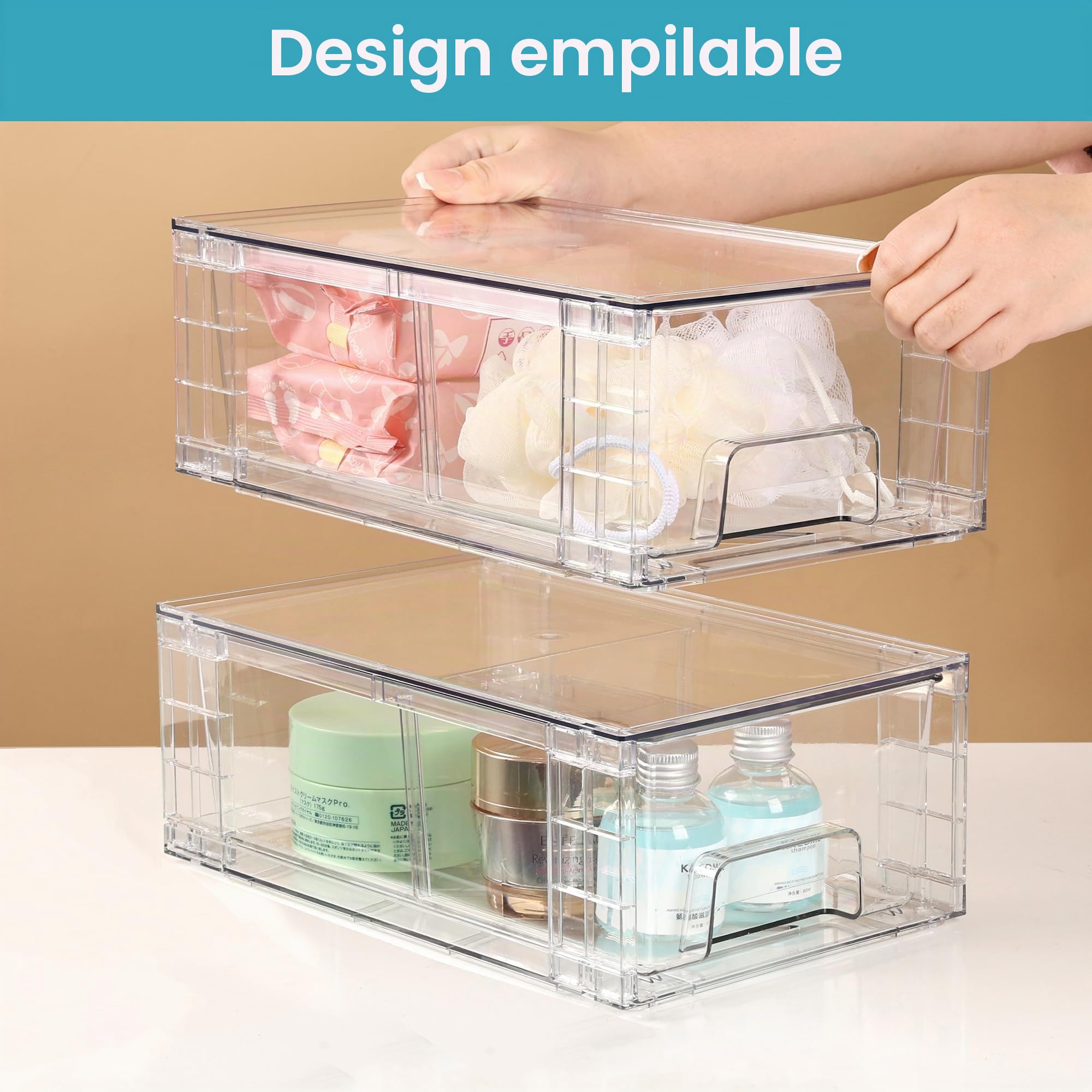 Vtopmart Lot de 6 tiroirs de rangement empilables en acrylique transparent avec poignées, facile à assembler pour réfrigérateur, salle de bain, cuisine, sous-évier, armoire, garde-manger