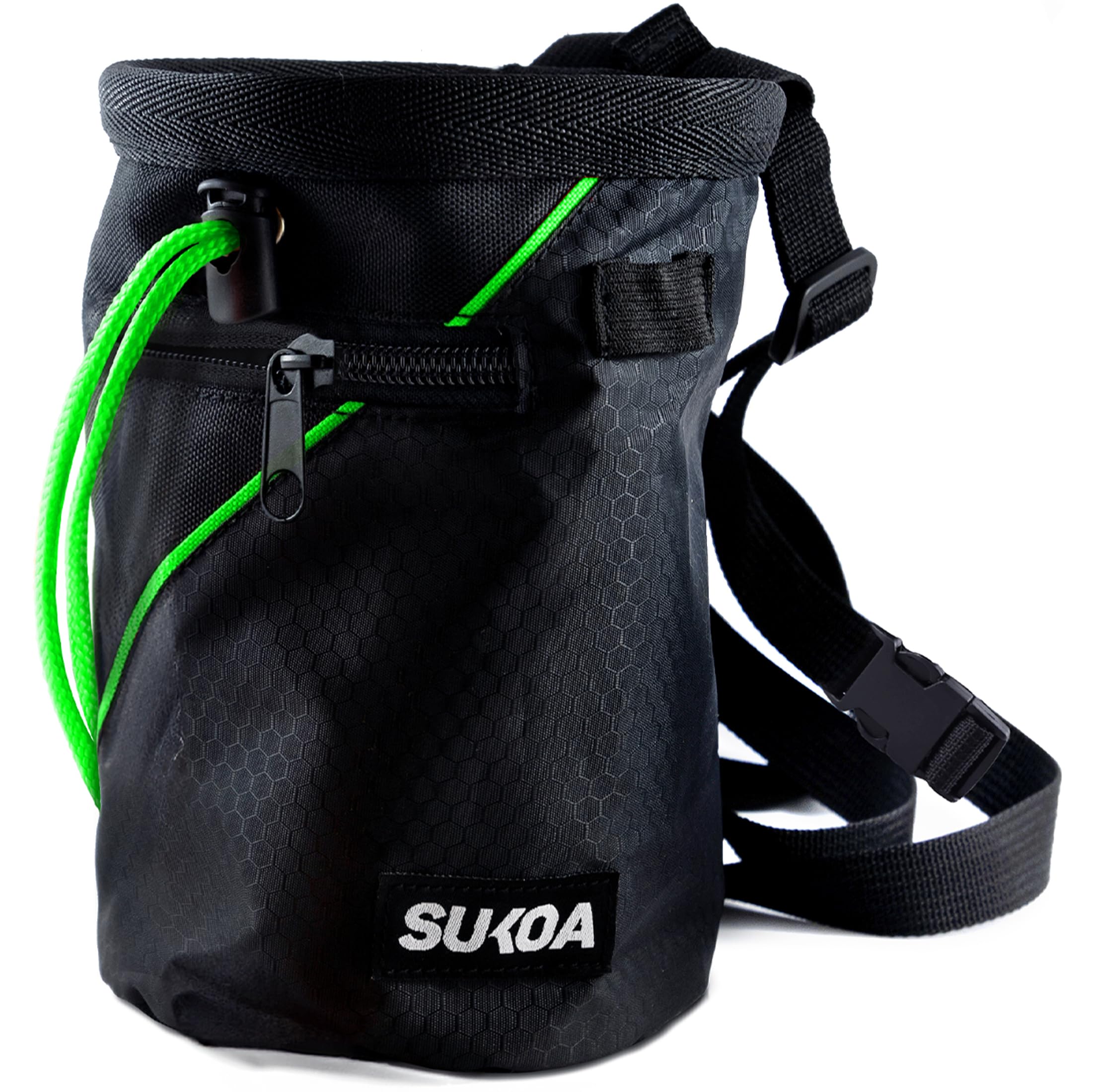 Sukoa Chalk Bag for Rock Climbing - Bouldering Chalk Bag Bucket with Quick-Clip Belt and 2 Large Zippered Pockets - Rock Climbing Gear Equipment