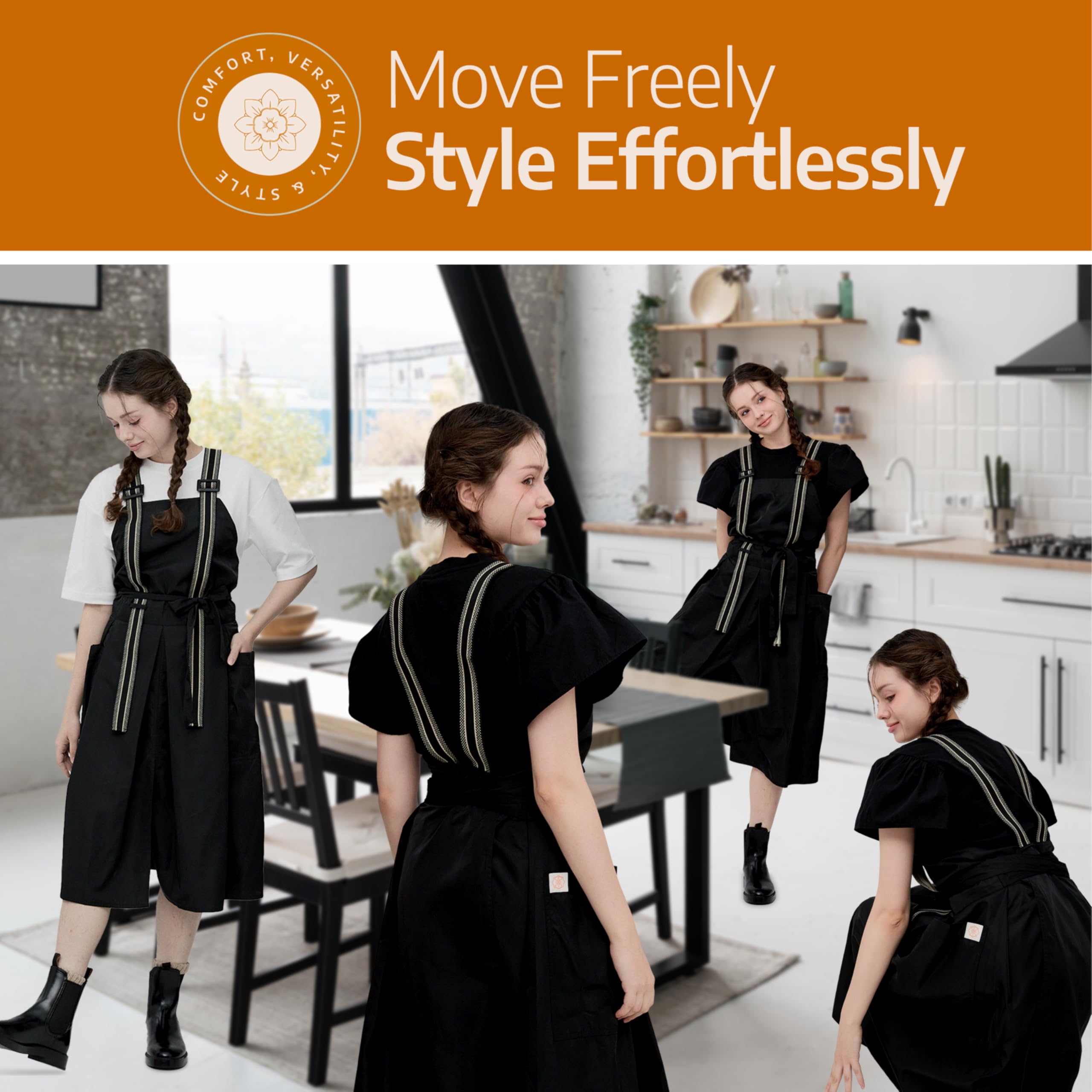 Soo Sun Professional Apron with Elastic Straps, Full Coverage Wraparound Design, 2 Pockets -Kitchen, Salon, Craft, Artist -S/M