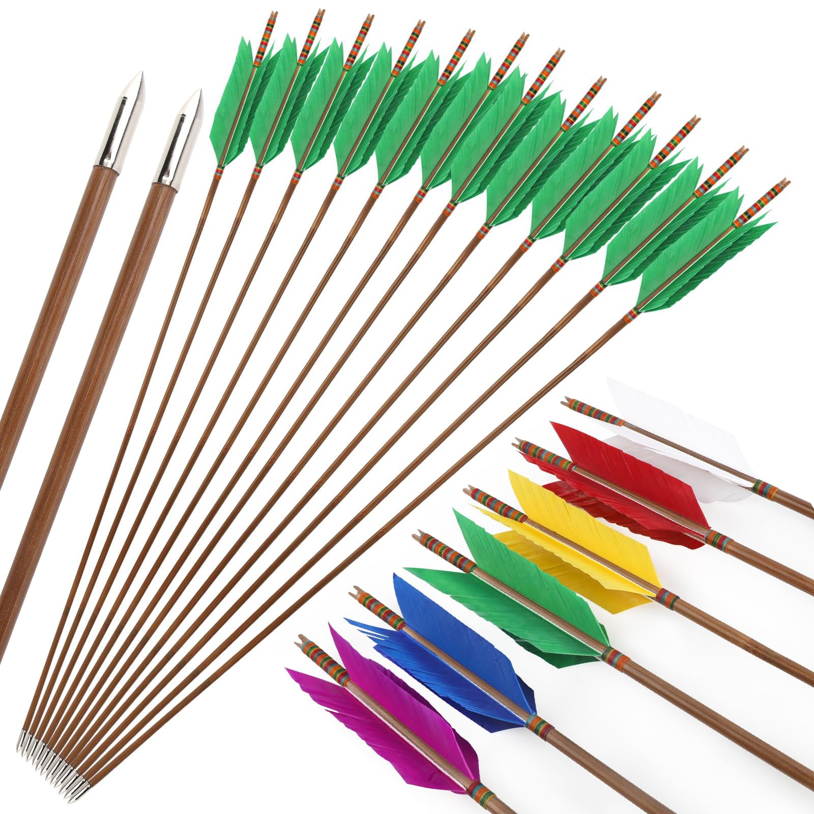 Archery Flu Flu Arrows Bamboo Arrows 4 Inches 4 Turkey Feathers Hunting Arrows for Recurve Bow Traditional Bow Long Bow (6, green)