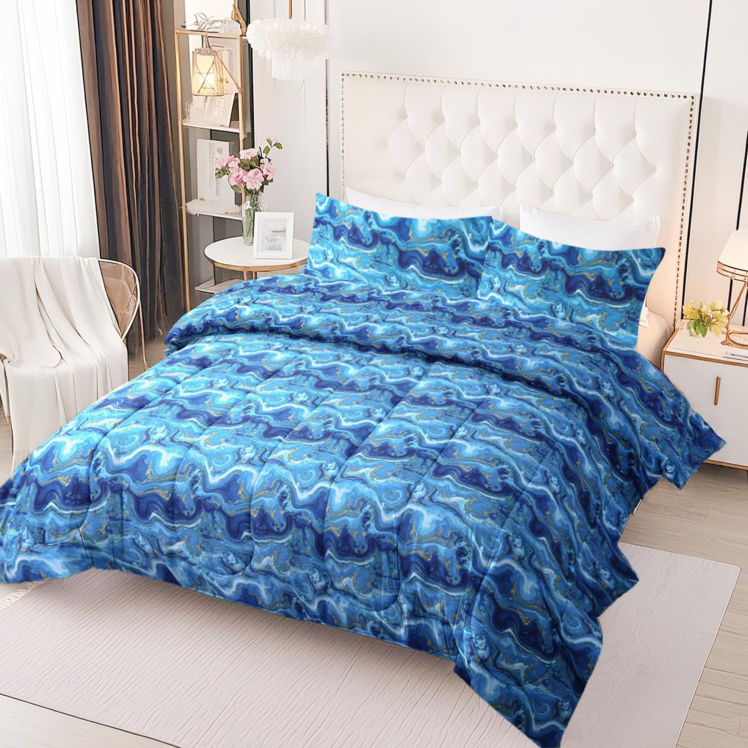 SCHNAUZER HOME Blue Marble Comforter Set Queen Size, 3 Pieces Solid Breathable Quilted Style Bedding Sets, Soft Microfiber Down Alternative Comforter for All Season (1 Comforter & 2 Pillowcases)