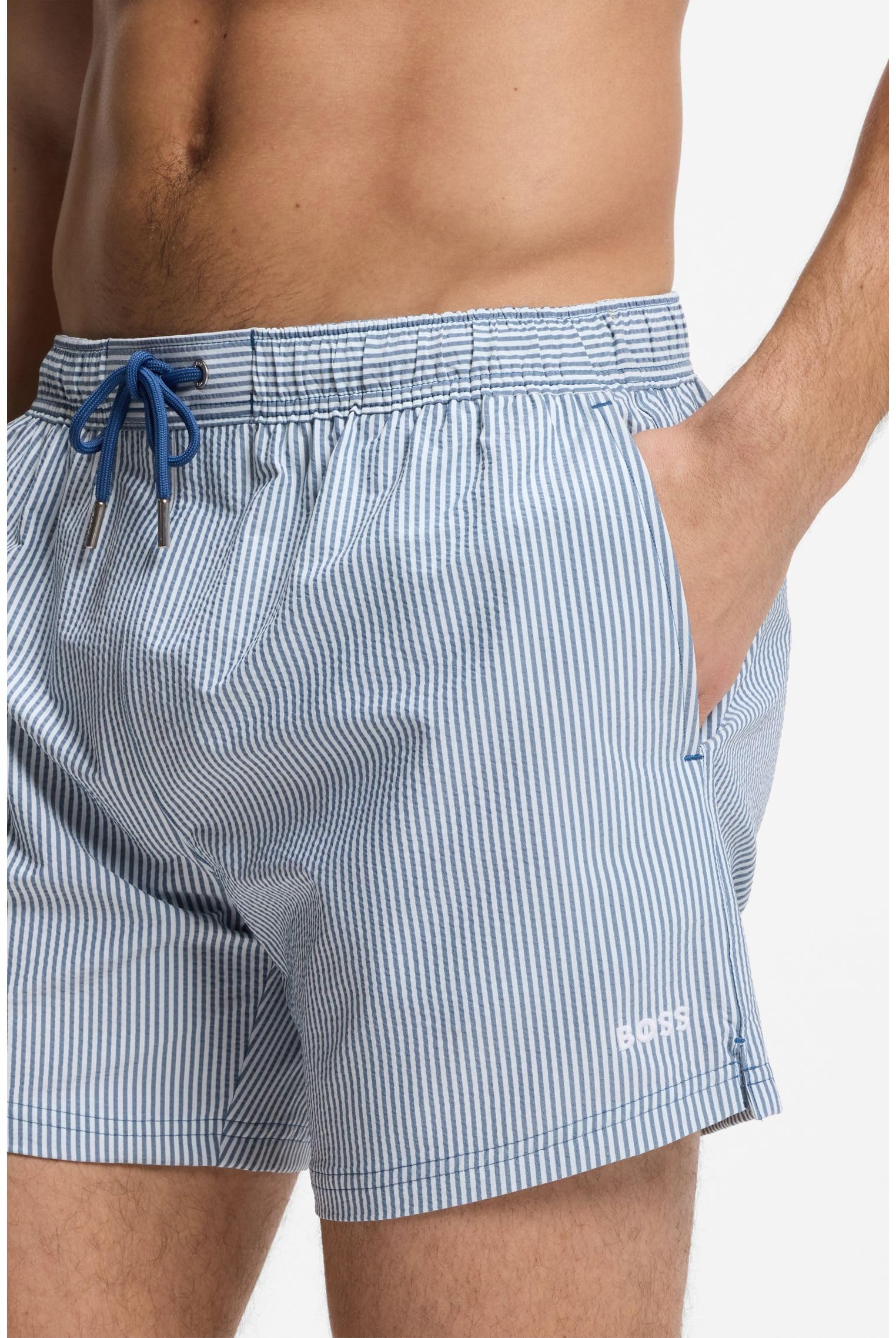 BOSS Herren Velvetfish Badeshorts aus Seersucker-Gewebe mit Logo-Stickerei