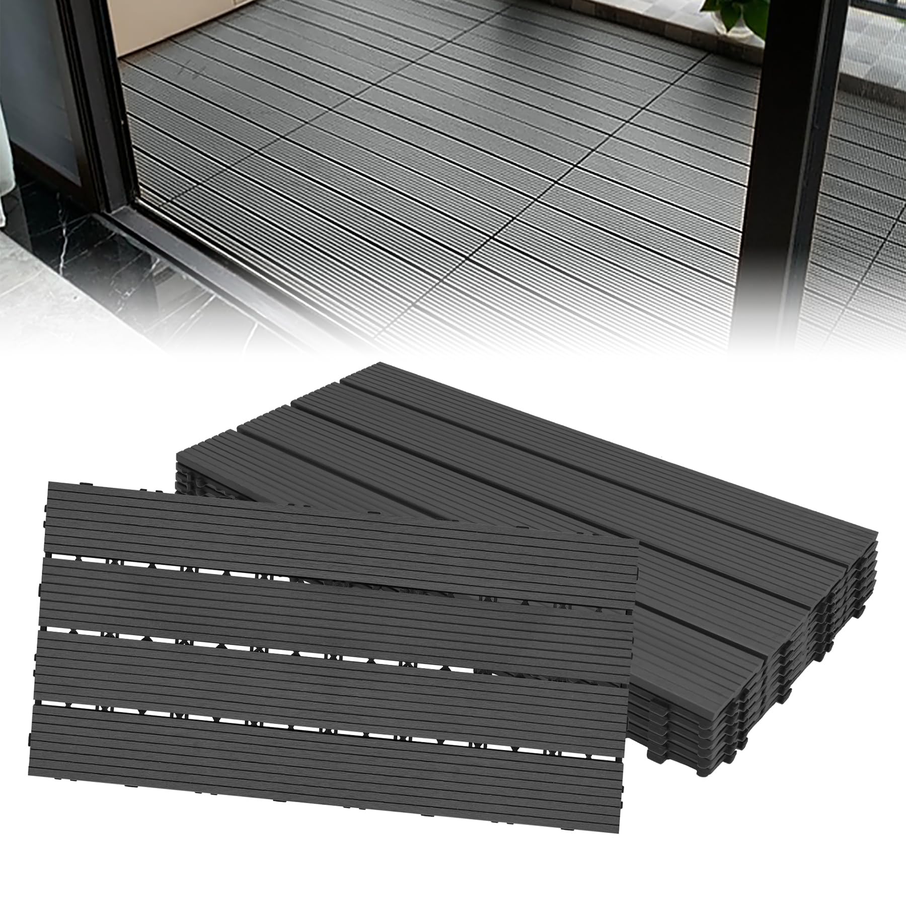 Froadp 60x30cm WPC Baldosa de Madera,Suelos de Plástico Compuesto de Exterior, Cubiertas de Rejilla con Sistema de Enchufe para el Balcón de la Terraza del Jardín(6 pcs, Antracita)
