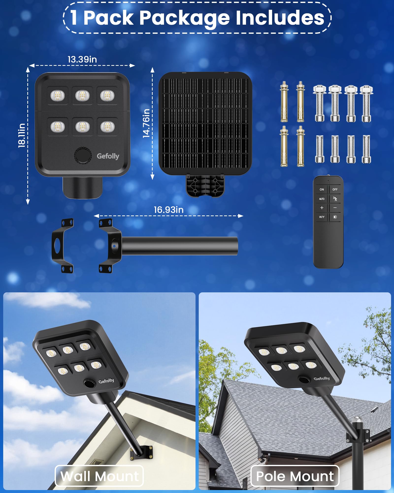 Gefolly G-5000W Lampione Solare Led Esterno con Telecomando, IP67 Impermeabile Lampioni Solari con Sensore di Movimento, 6500K Lampioni da Giardino Esterno per Garage Strada