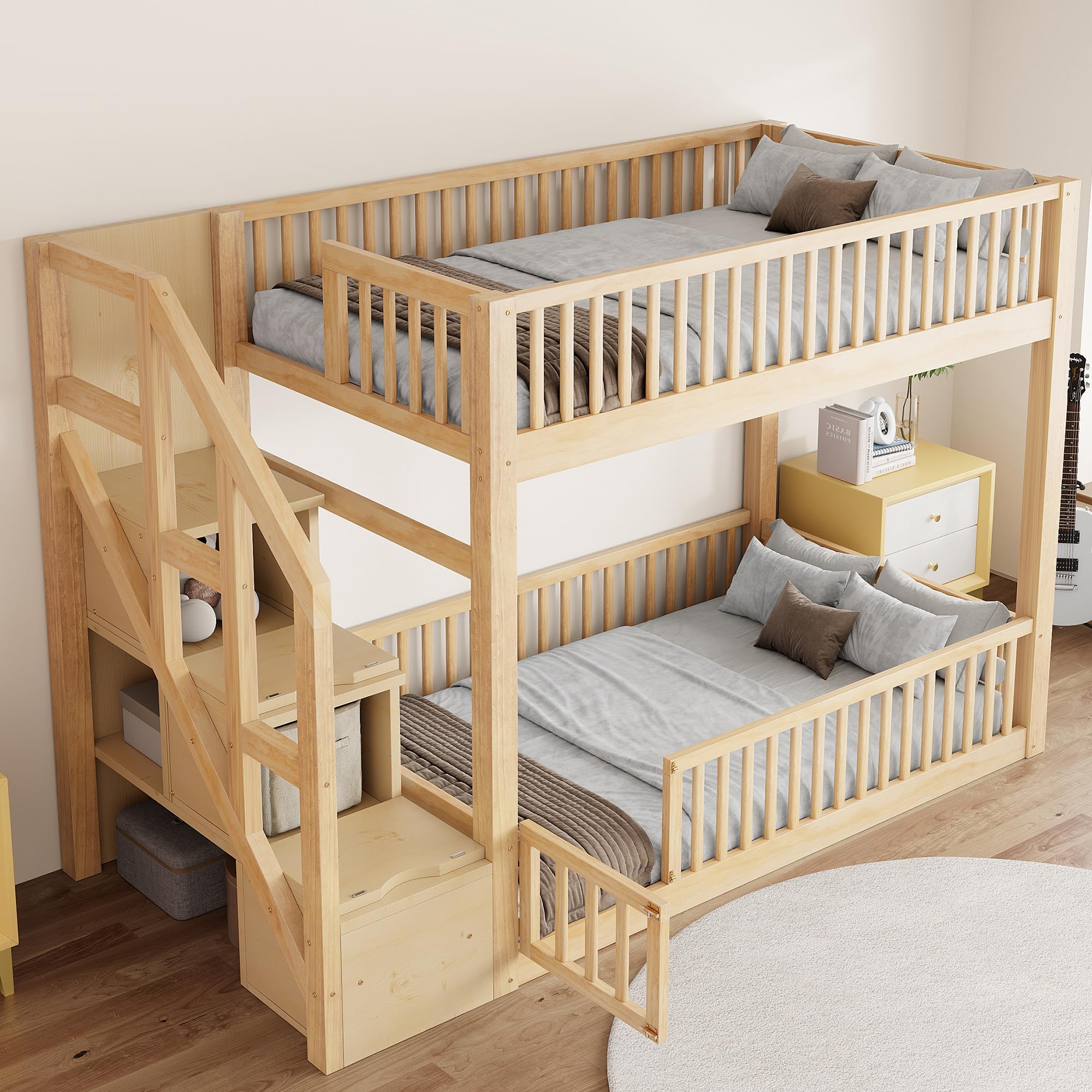 Twin Over Twin Bunk Bed with Stairs,Wooden Floor Bunk Bed Frame with Full-Length Safety Guardrails,Space Saving Twin Bed Frame for Kids Teens Boys Girls,No Box Spring Needed,Natural