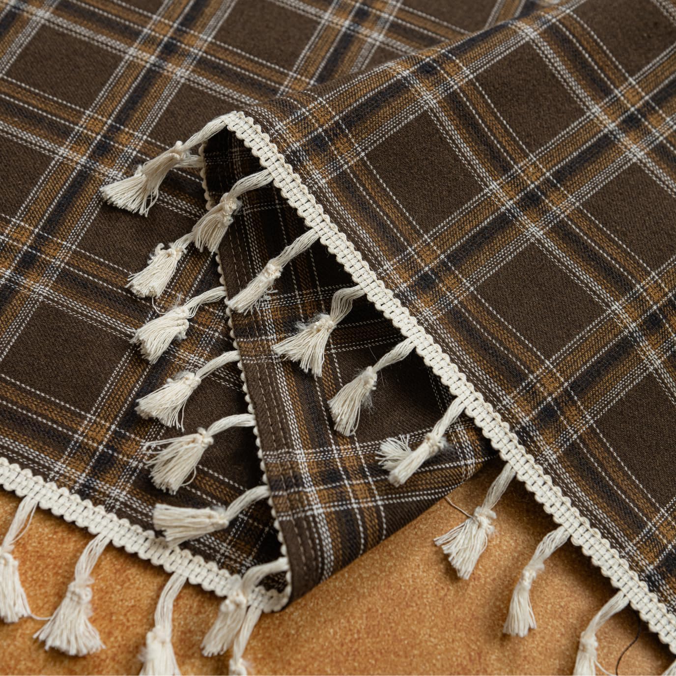 Plaid Curtains 84 Inch Length 2 Panels, Farmhouse Window Curtains Light Filtering with Tassel Trim, Rustic Tartan Drapes for Living Room Bedroom, Brown