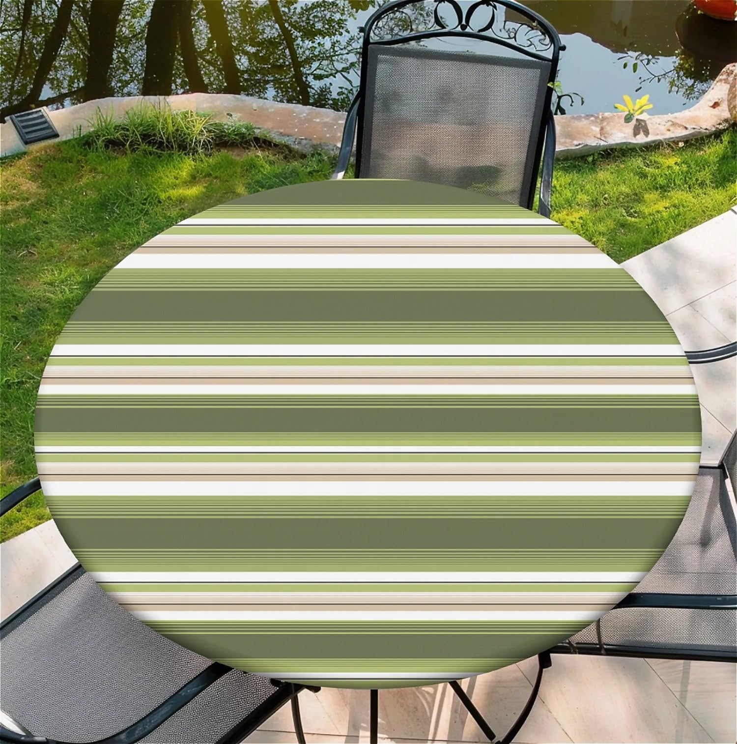 artslion Round Tablecloth Φ120cm/48in Wipe Clean Table Cloths with Elastic, Water-repellent Durable Scratch Resistant Table Cover Protector for Dining room, Balcony, Garden-Olive Stripe