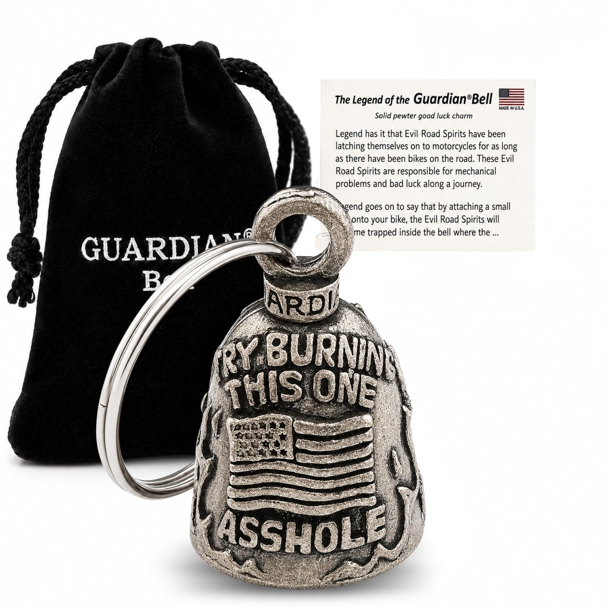 Guardian Bell Try Burning This ONE A**Hole for Harley Davidson Gremlin mod dyna fxr Motorcycle USA America Flag Old Glory Sportster Chopper Goldwing Fat boy Low Road Sport Street